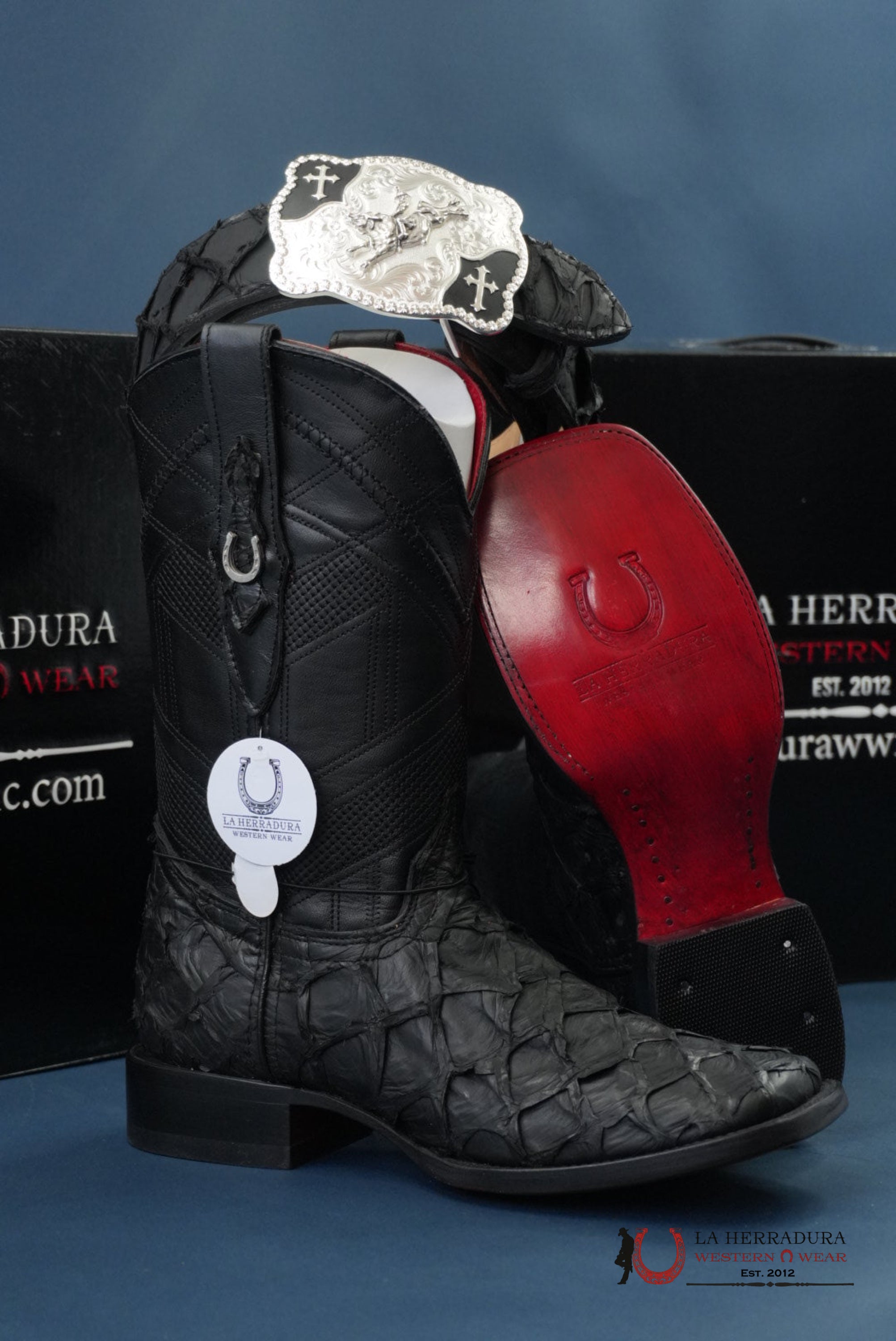 HERRADURA EXOTIC BIGBASS BLACK RUNGO BOOT SQUARE TOE BOTAS HOMBRES