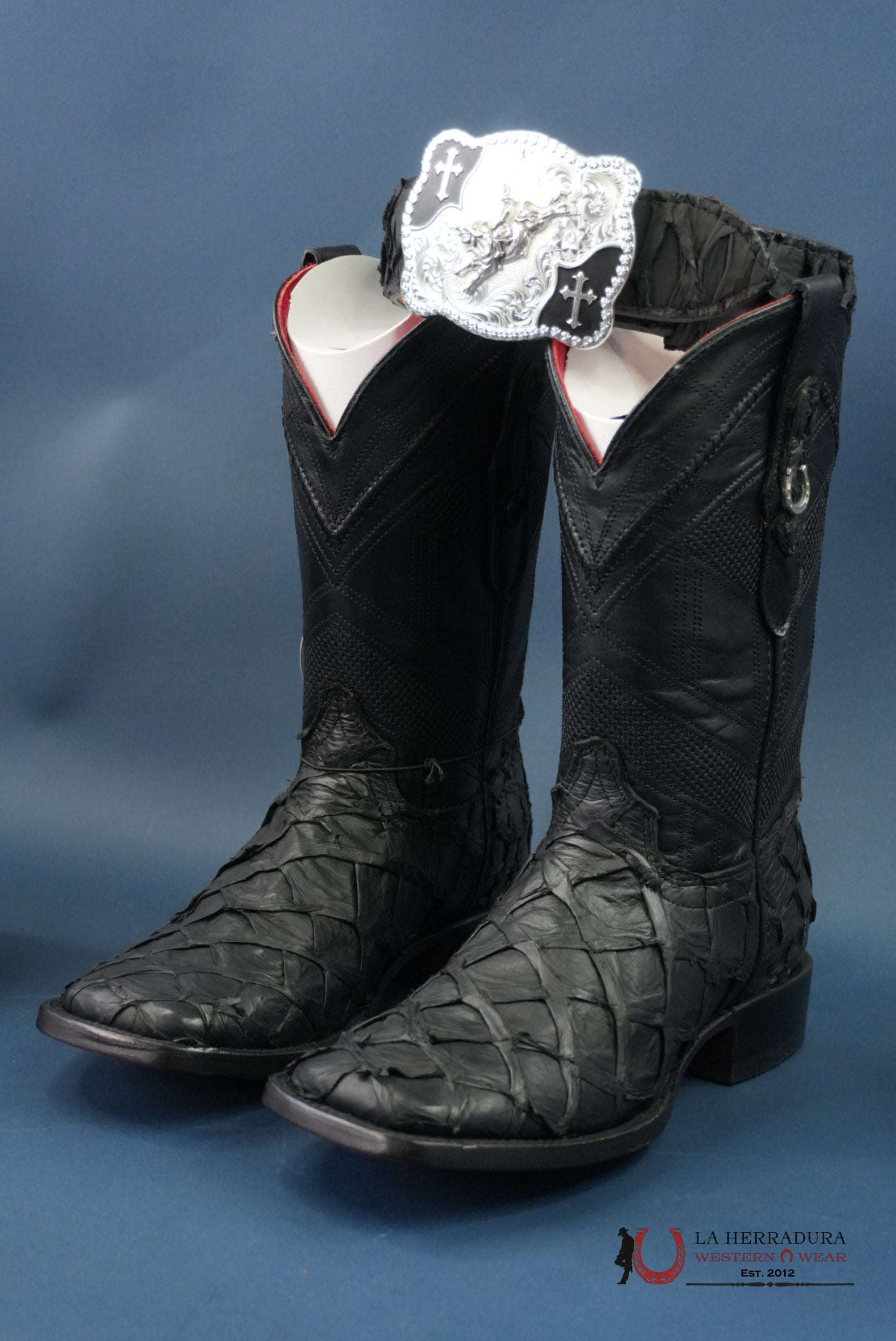 HERRADURA EXOTIC BIGBASS BLACK RUNGO BOOT SQUARE TOE BOTAS HOMBRES