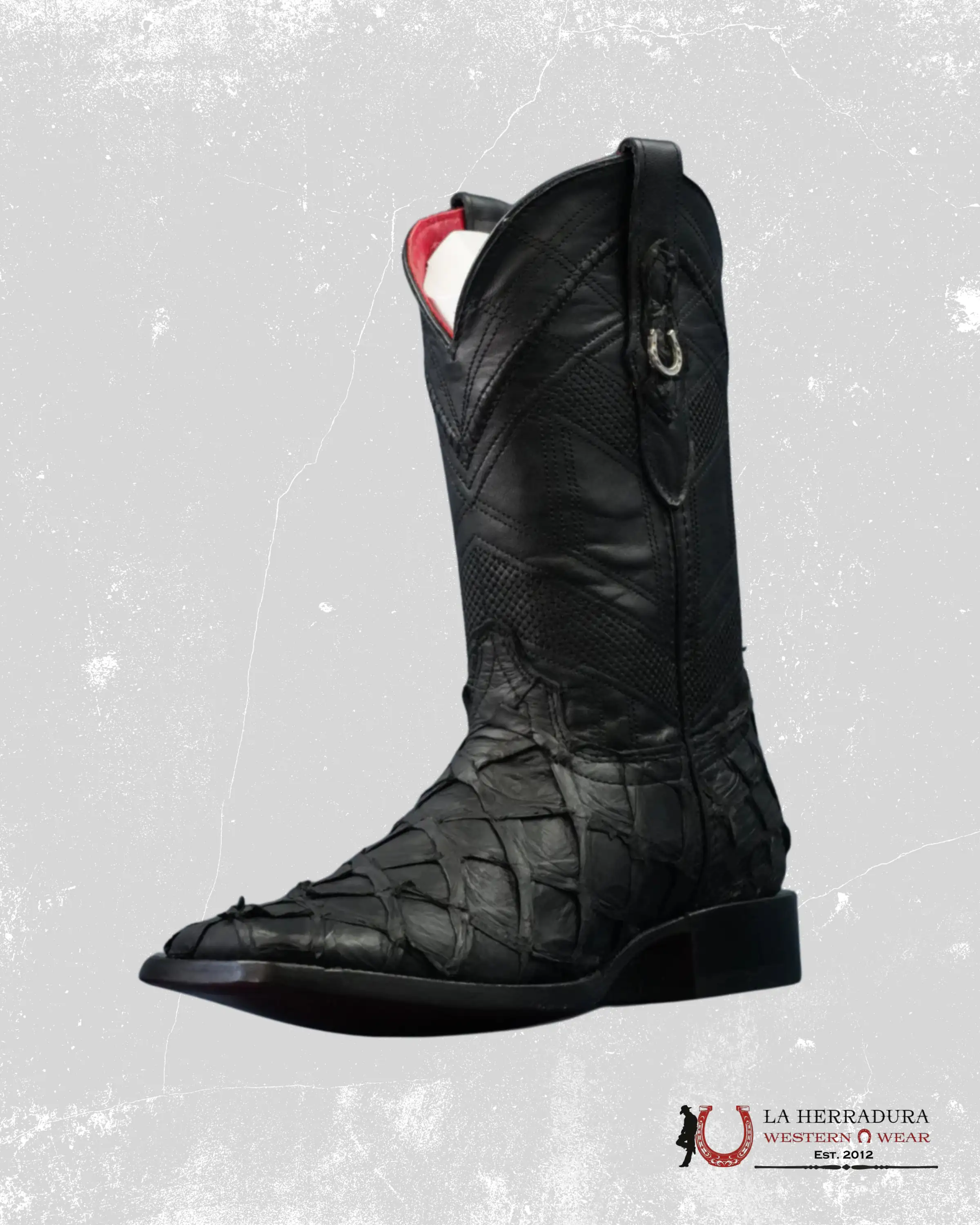 HERRADURA EXOTIC BLACK BIGBASS MATTE RED BOTTOM RUNGO MENS SQUARE TOE BOOT- 6512 BOTAS HOMBRES