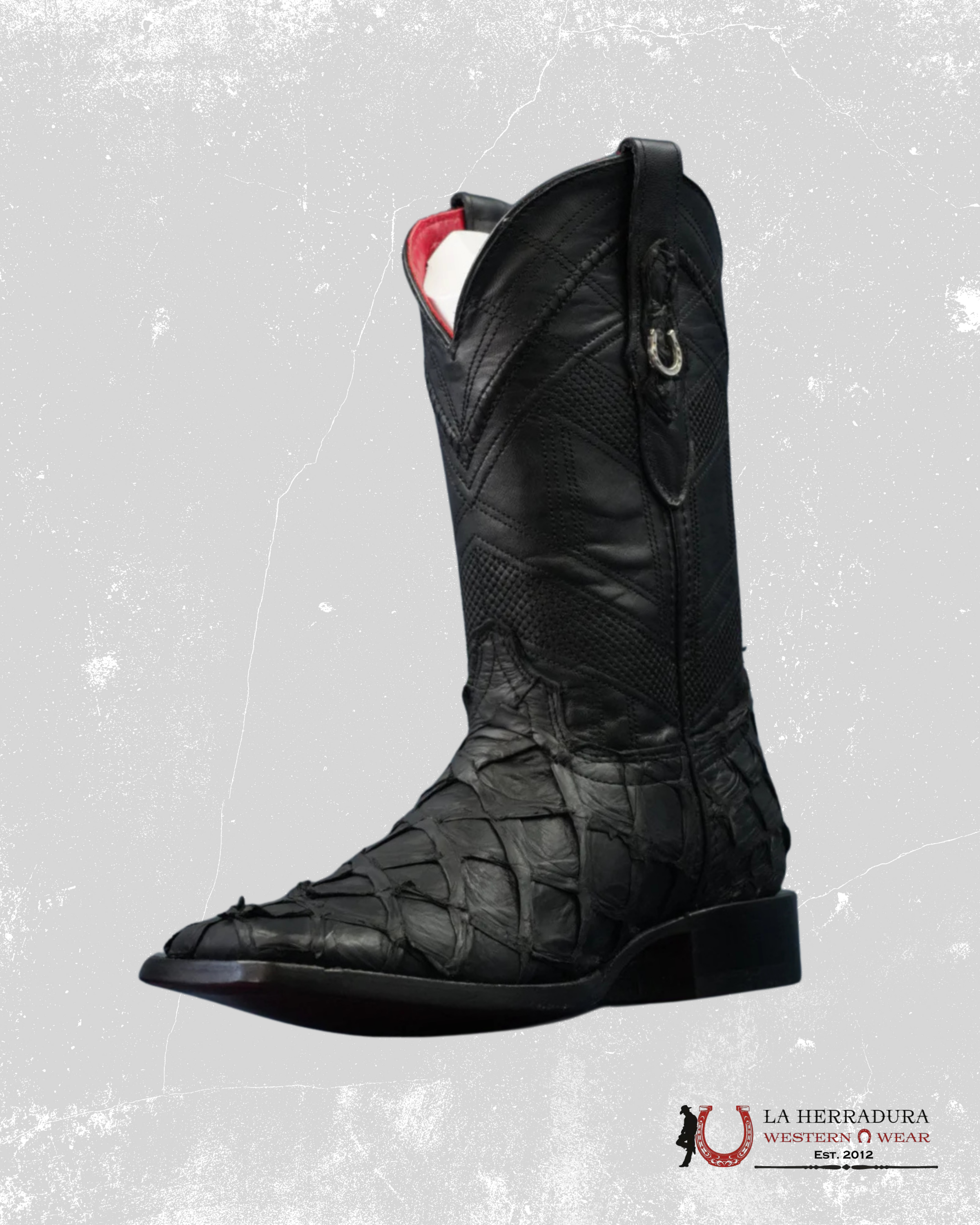 HERRADURA EXOTIC BLACK BIGBASS MATTE RED BOTTOM RUNGO MENS SQUARE TOE BOOT- 6512 BOTAS HOMBRES