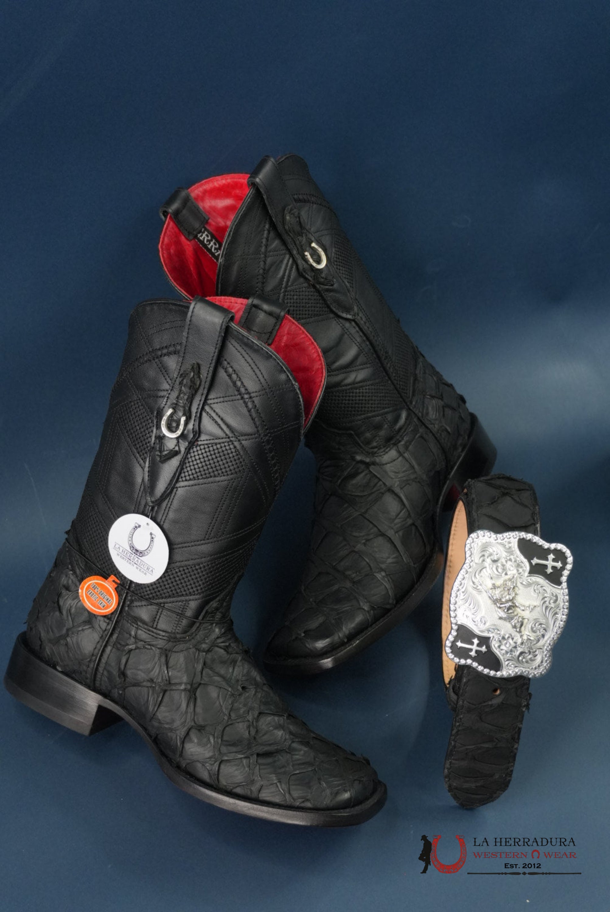 HERRADURA EXOTIC BIGBASS BLACK RUNGO BOOT SQUARE TOE BOTAS HOMBRES