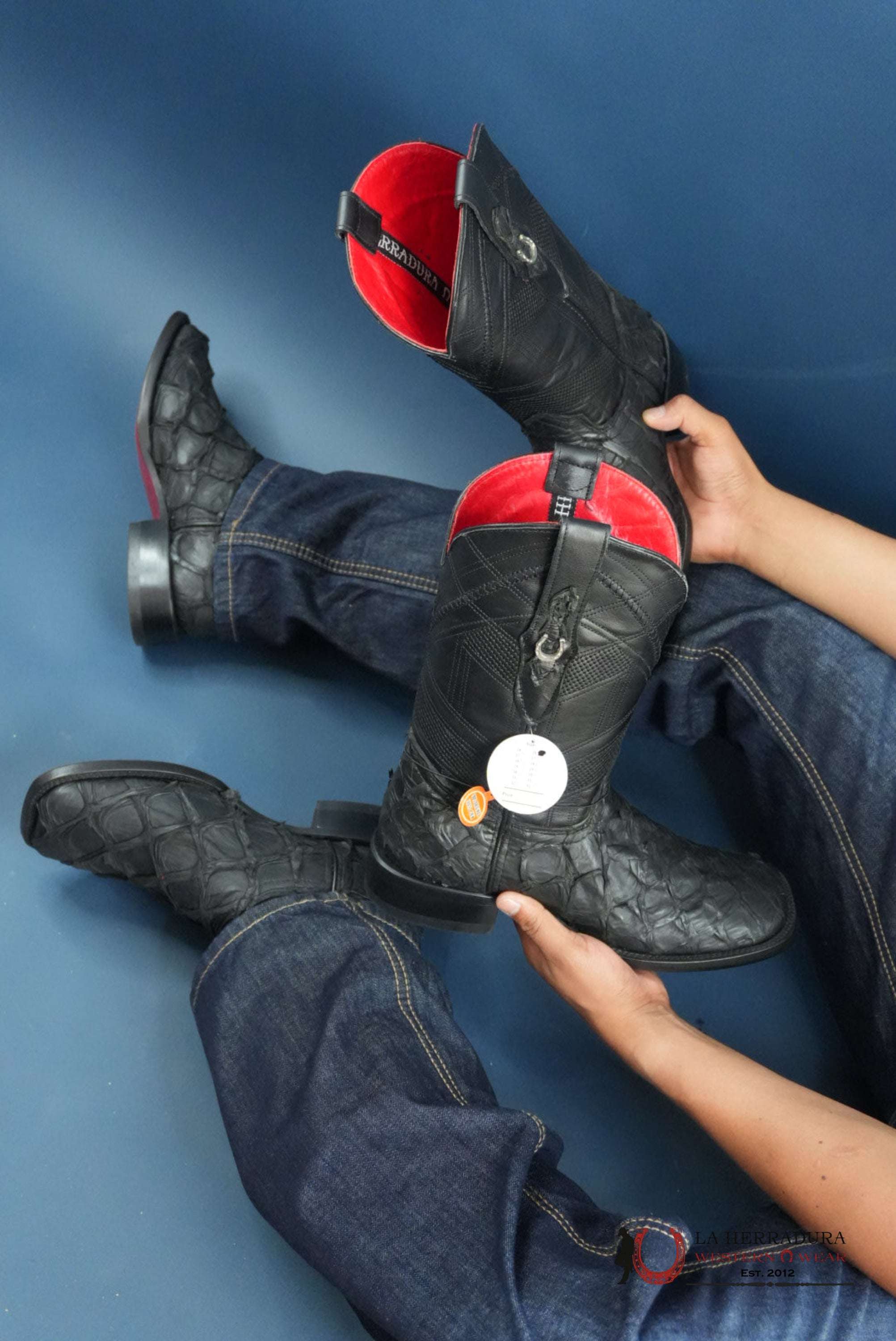 HERRADURA EXOTIC BIGBASS BLACK RUNGO BOOT SQUARE TOE BOTAS HOMBRES
