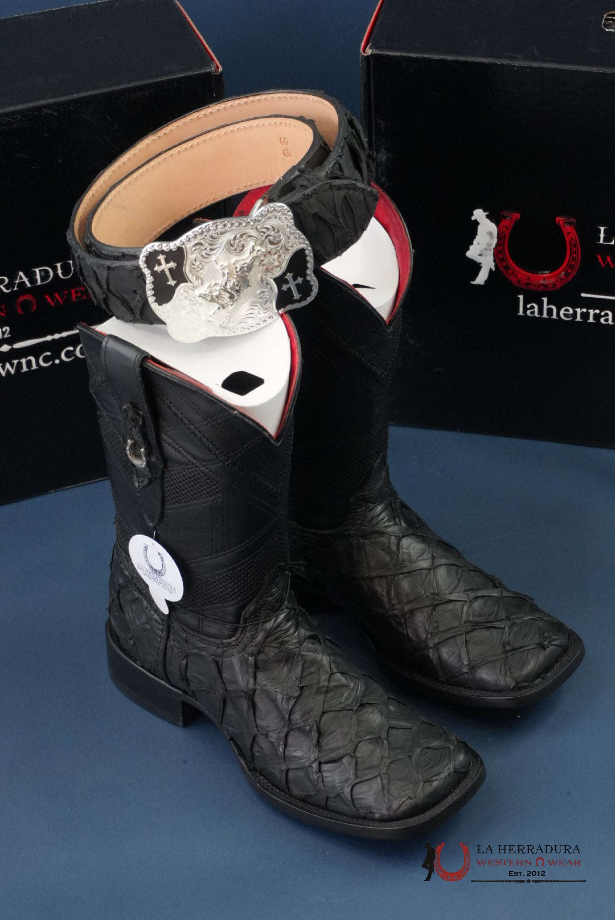 HERRADURA EXOTIC BIGBASS BLACK RUNGO BOOT SQUARE TOE BOTAS HOMBRES