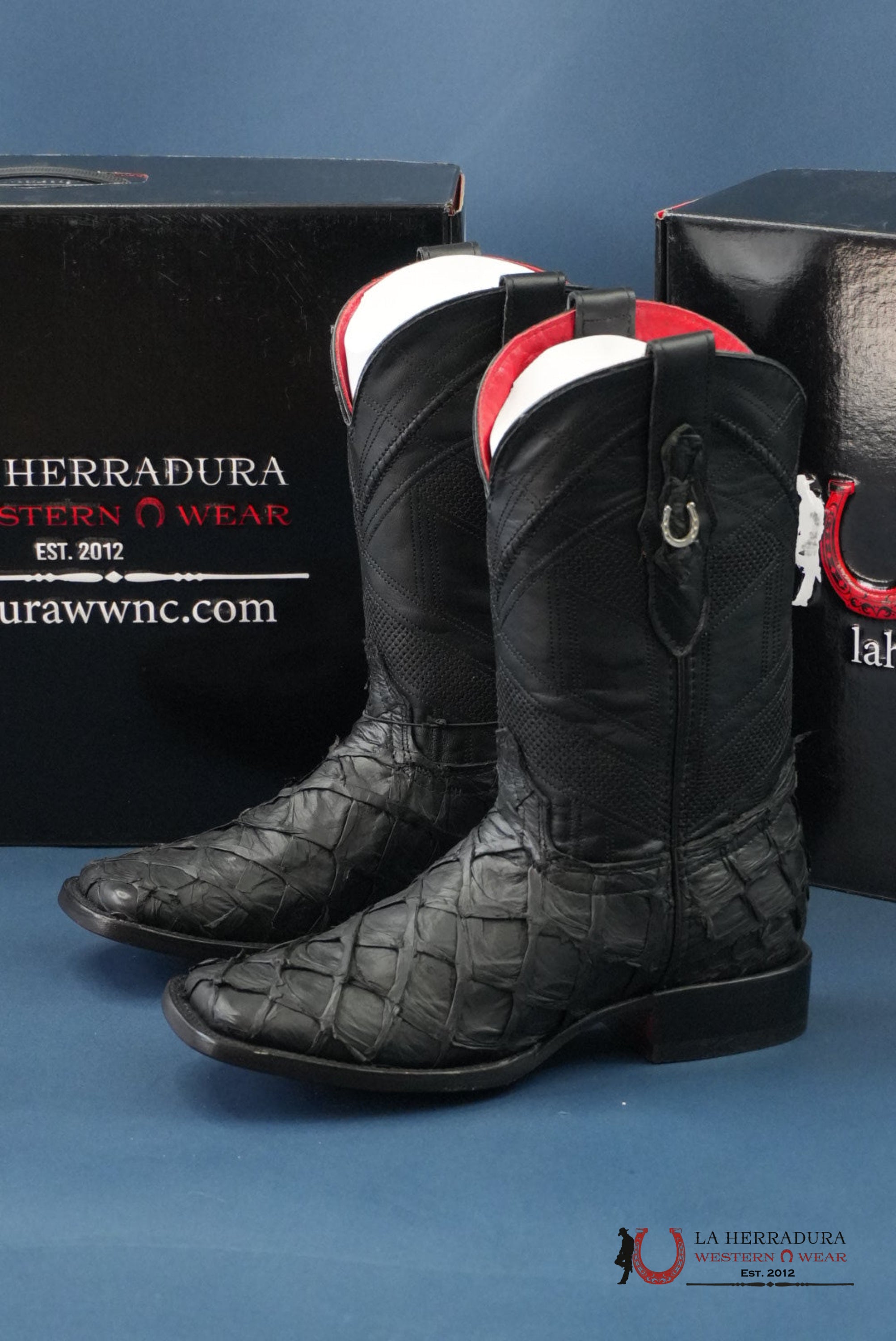 HERRADURA EXOTIC BIGBASS BLACK RUNGO BOOT SQUARE TOE BOTAS HOMBRES