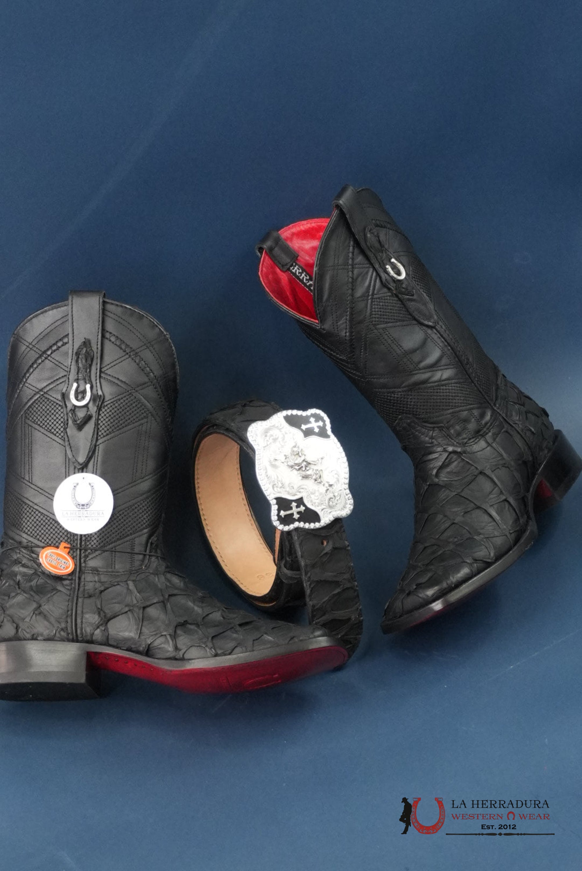 HERRADURA EXOTIC BIGBASS BLACK RUNGO BOOT SQUARE TOE BOTAS HOMBRES