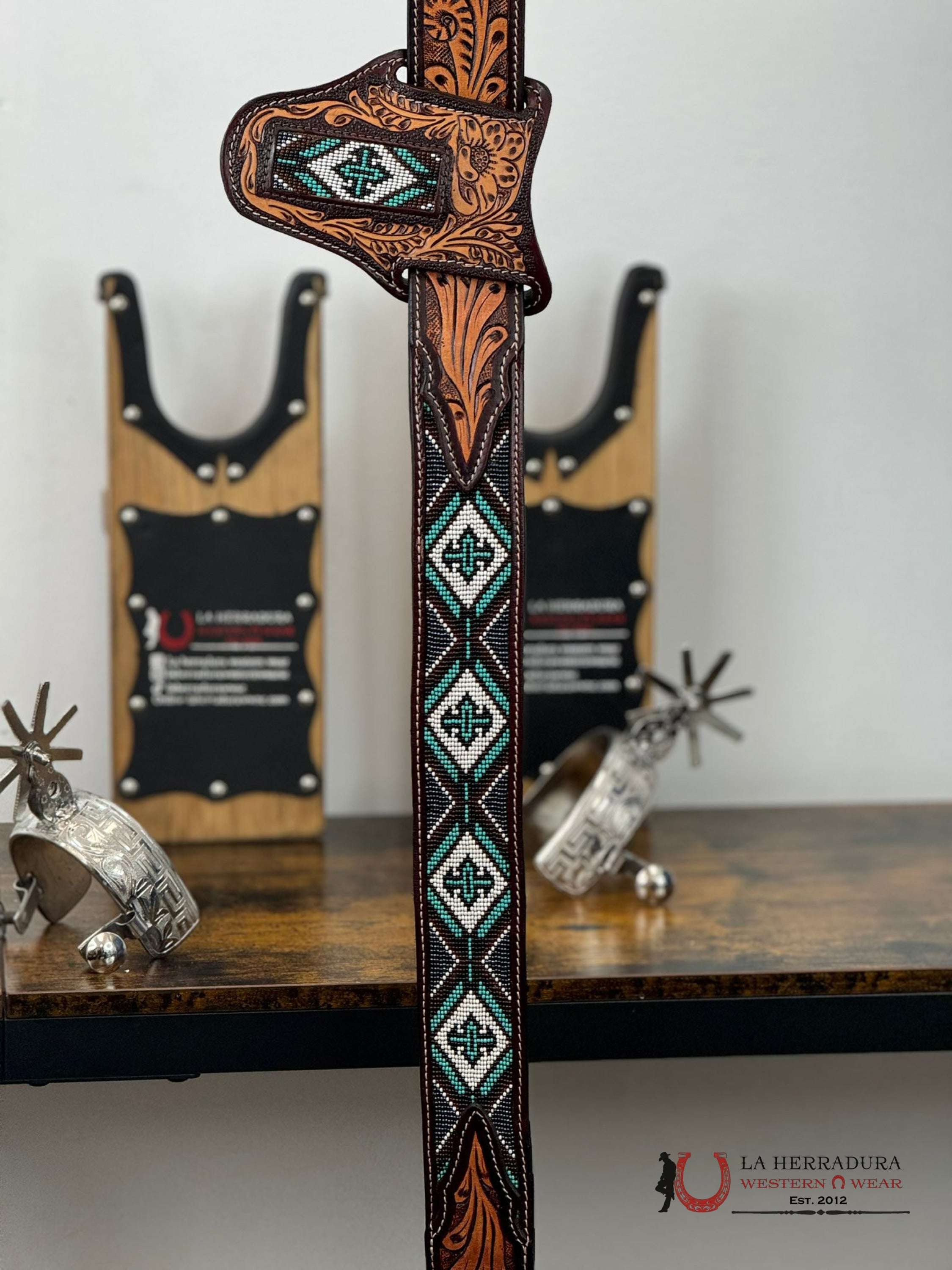 La Herradura Teal Handtooled 2 Inch Belt 34 Belt/Knife Sheath Cinturones Hombres