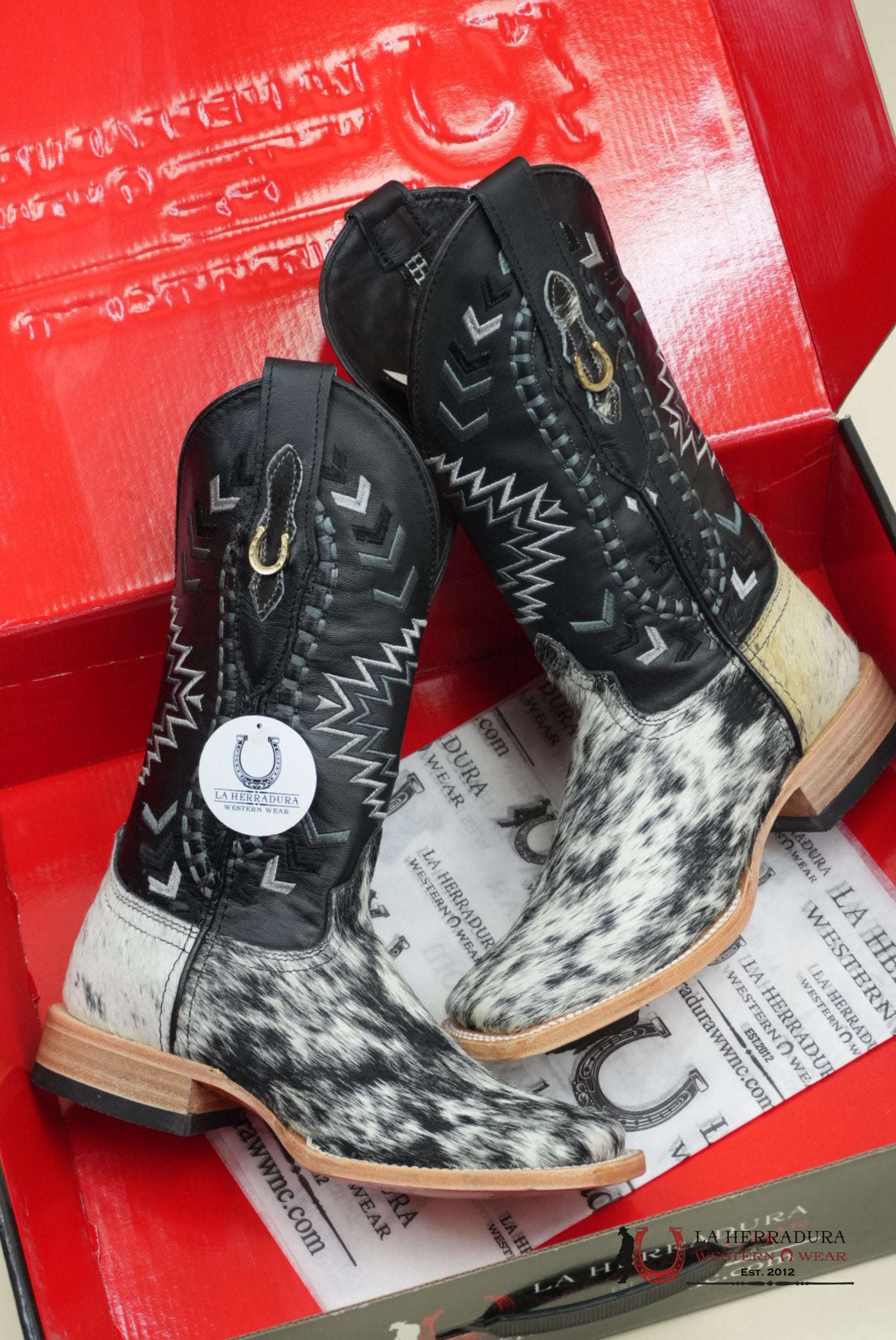 LA HERRADURA WOMEN PELO DE VACA BLANCO/NEGRO CHEROKEE NEGRO BOOT BOTAS MUJERES