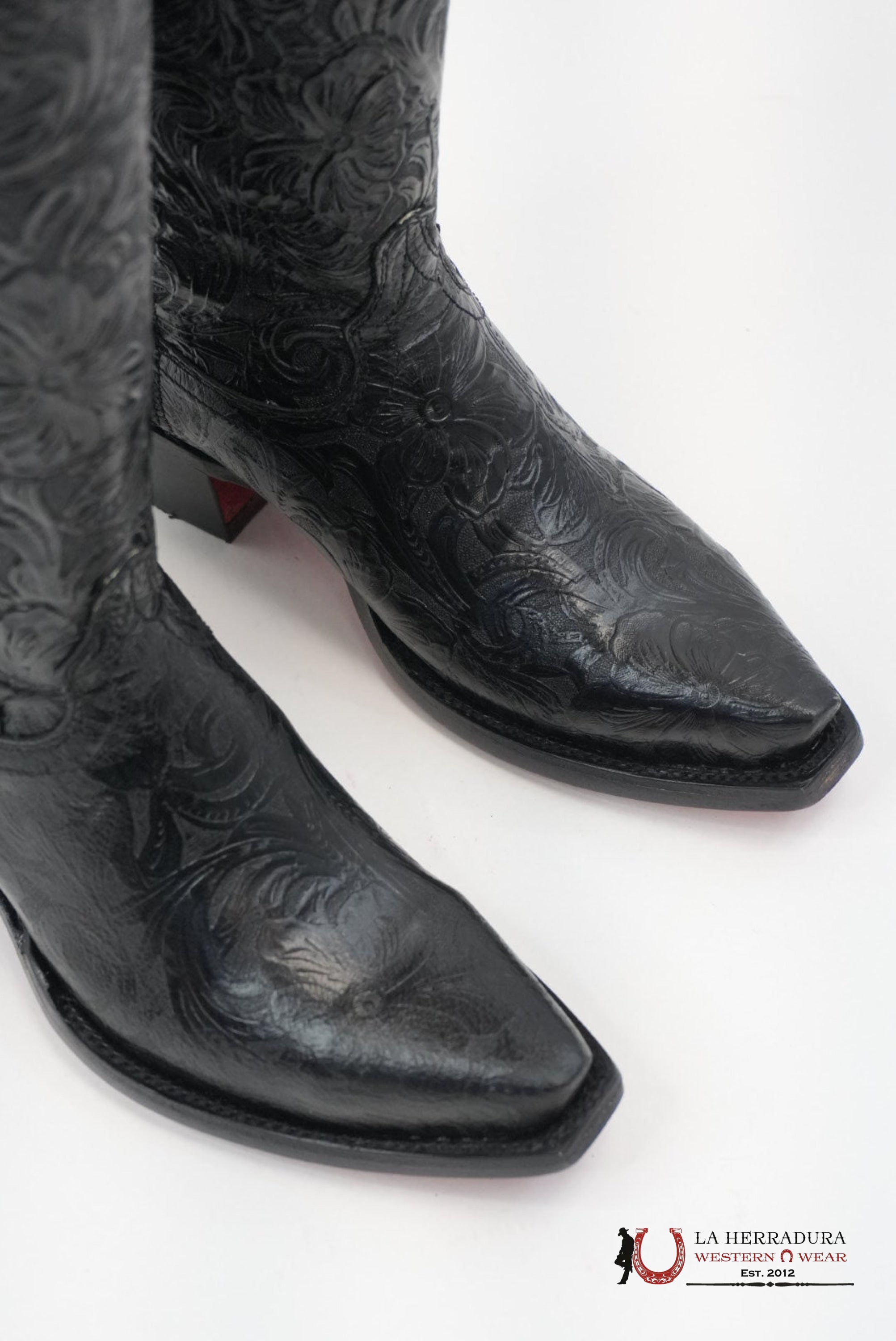 LA HERRADURA WOMEN TALL BOOT NANCY HD CINCELADI NEGRO SNIP TOE RED BOTTOM BOTAS MUJERES