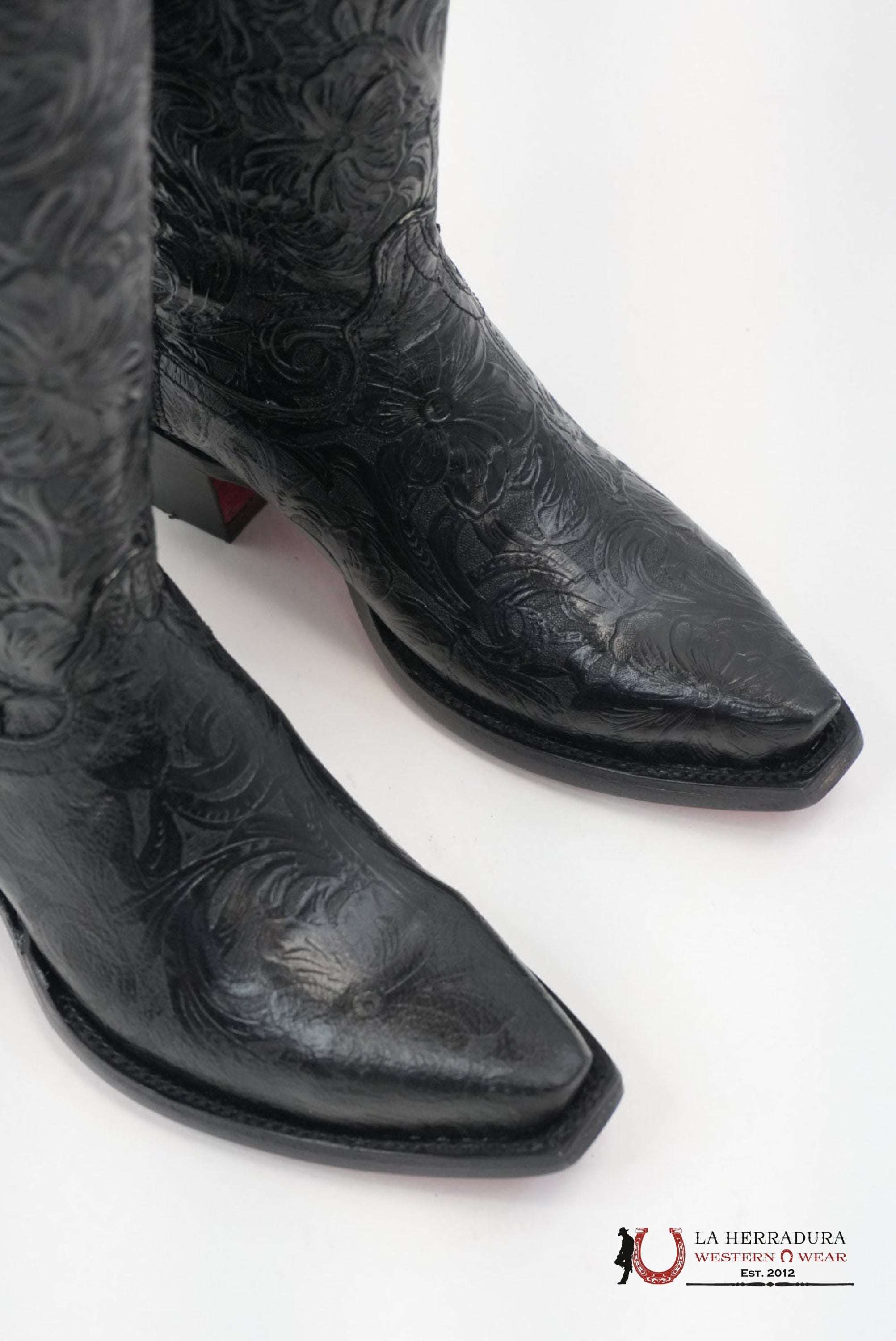 LA HERRADURA WOMEN TALL BOOT NANCY HD CINCELADI NEGRO SNIP TOE RED BOTTOM BOTAS MUJERES