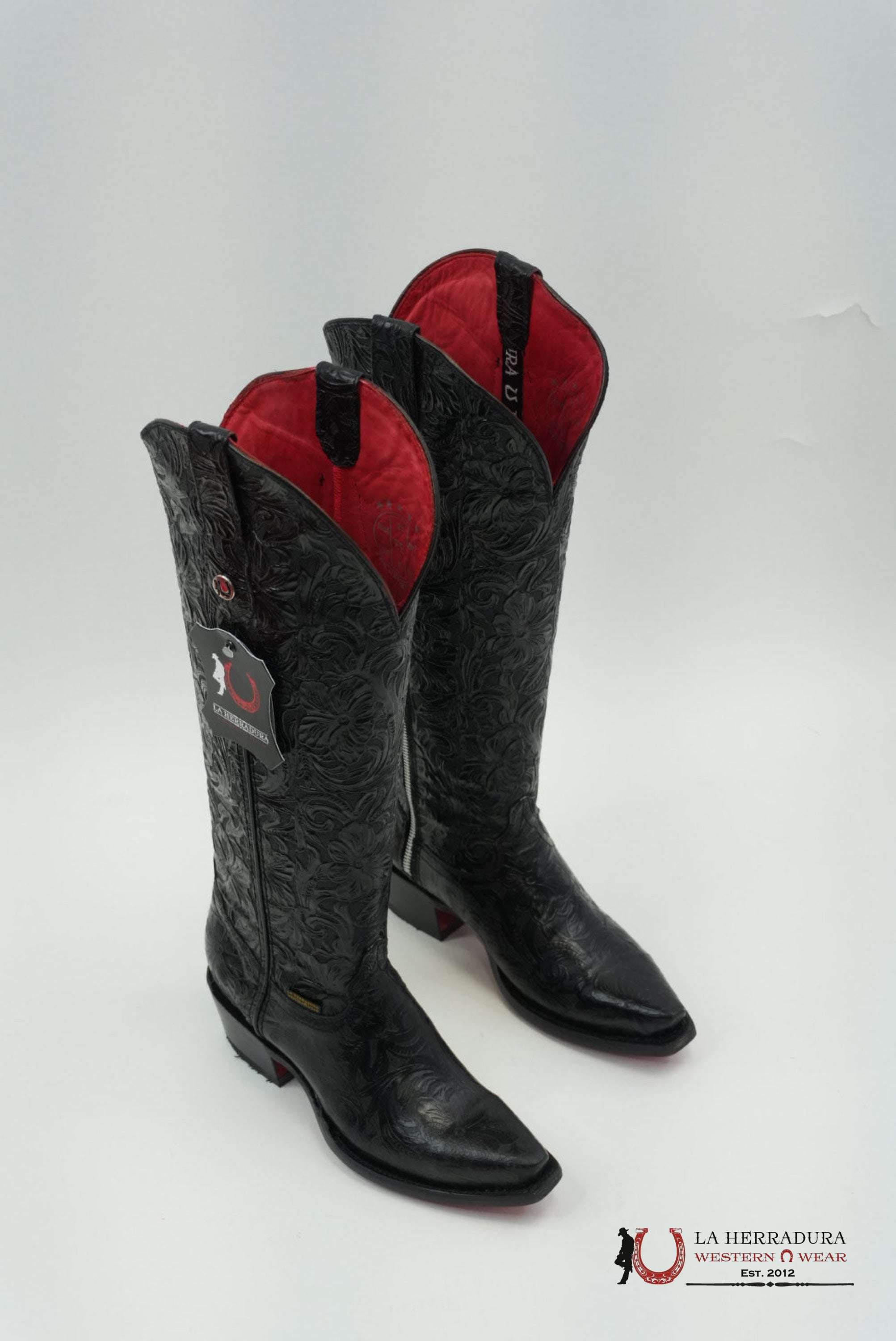 LA HERRADURA WOMEN TALL BOOT NANCY HD CINCELADI NEGRO SNIP TOE RED BOTTOM BOTAS MUJERES