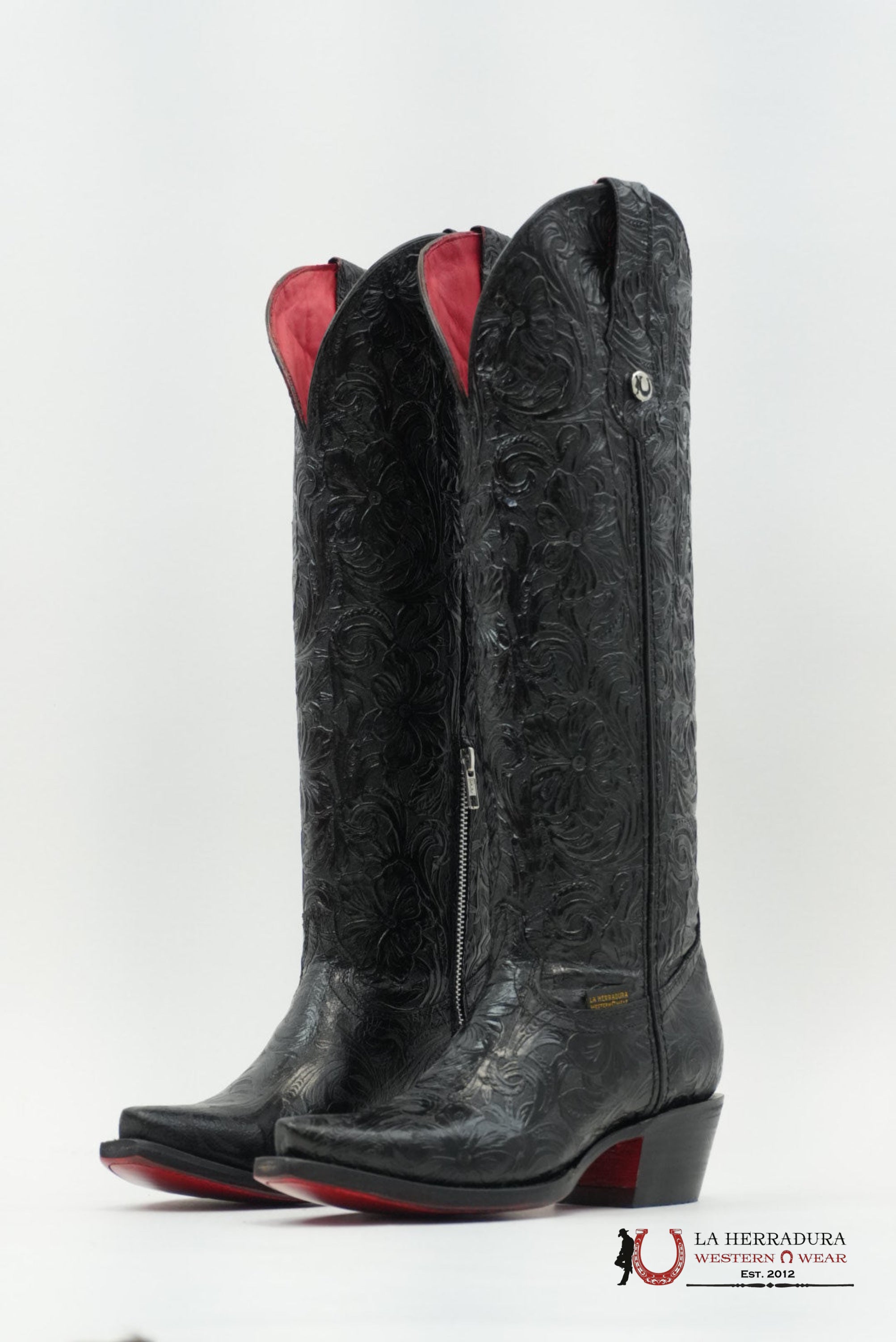 LA HERRADURA WOMEN TALL BOOT NANCY HD CINCELADI NEGRO SNIP TOE RED BOTTOM BOTAS MUJERES