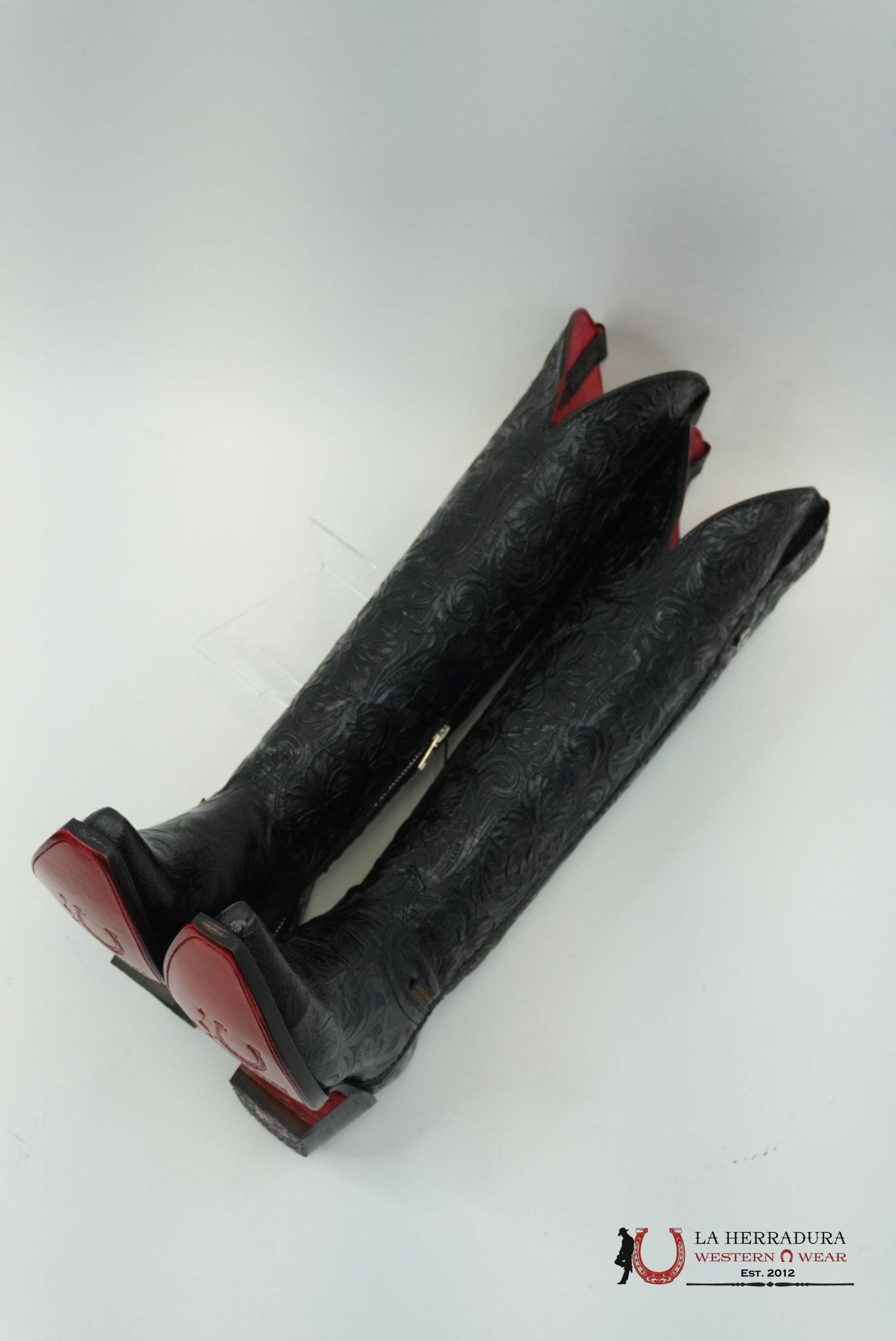 LA HERRADURA WOMEN TALL BOOT NANCY HD CINCELADI NEGRO SNIP TOE RED BOTTOM BOTAS MUJERES