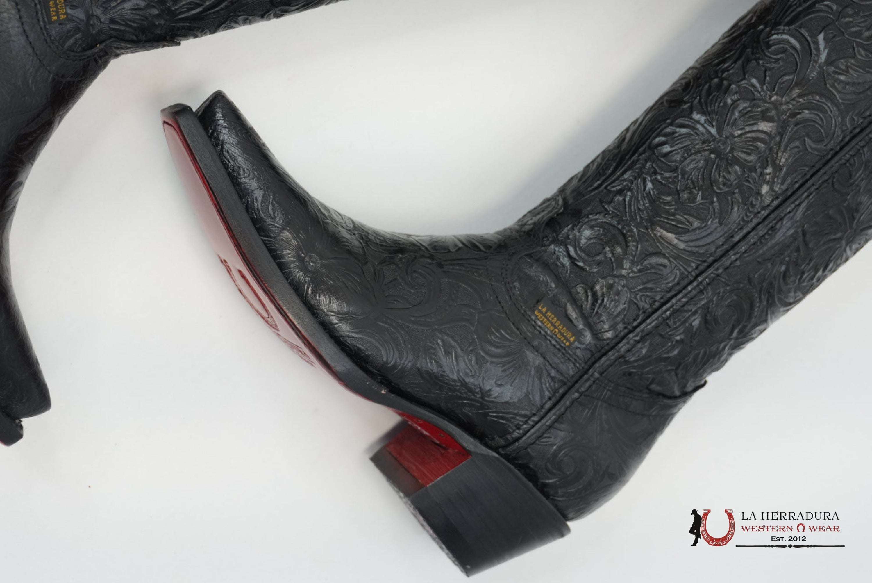 LA HERRADURA WOMEN TALL BOOT NANCY HD CINCELADI NEGRO SNIP TOE RED BOTTOM BOTAS MUJERES