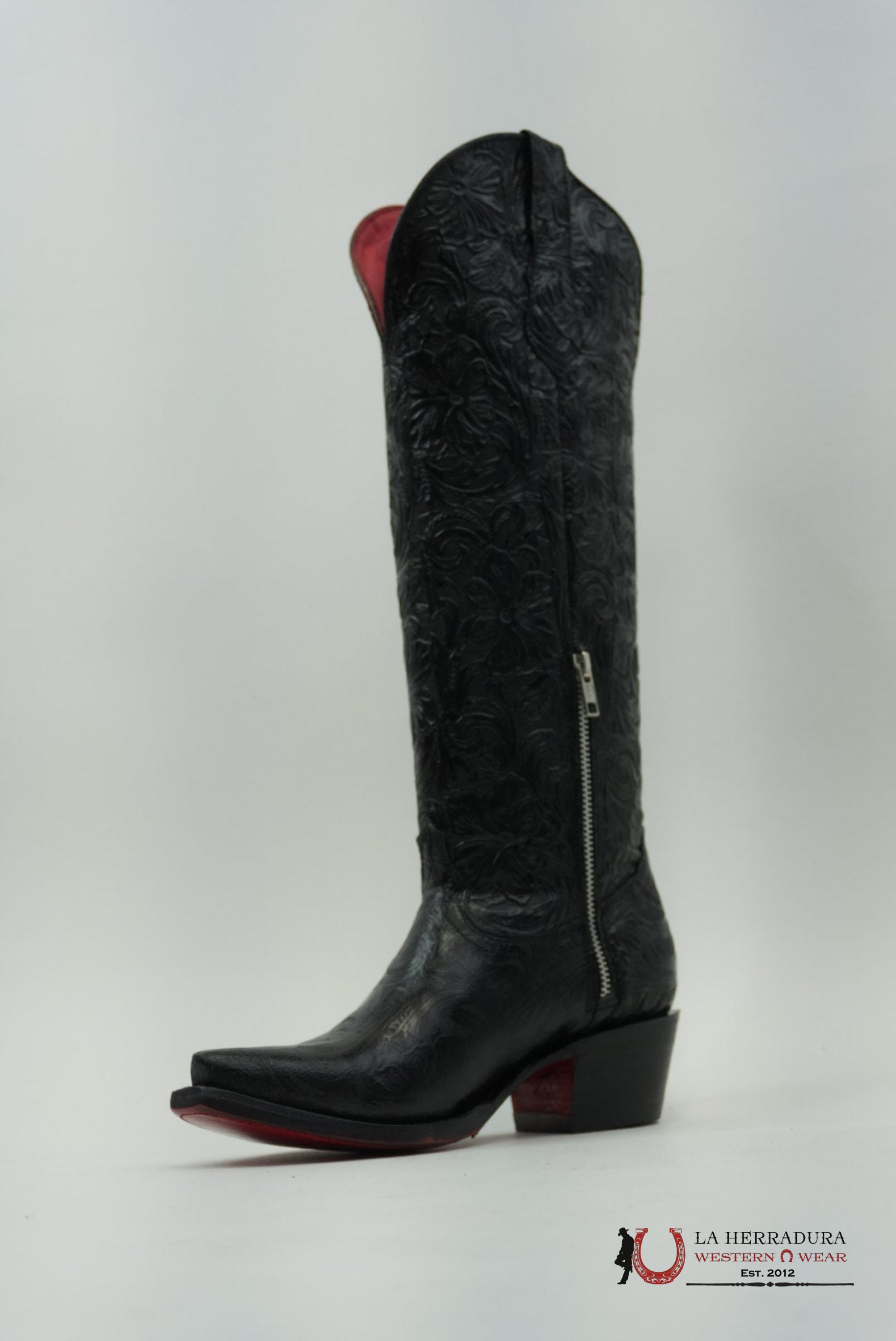LA HERRADURA WOMEN TALL BOOT NANCY HD CINCELADI NEGRO SNIP TOE RED BOTTOM BOTAS MUJERES