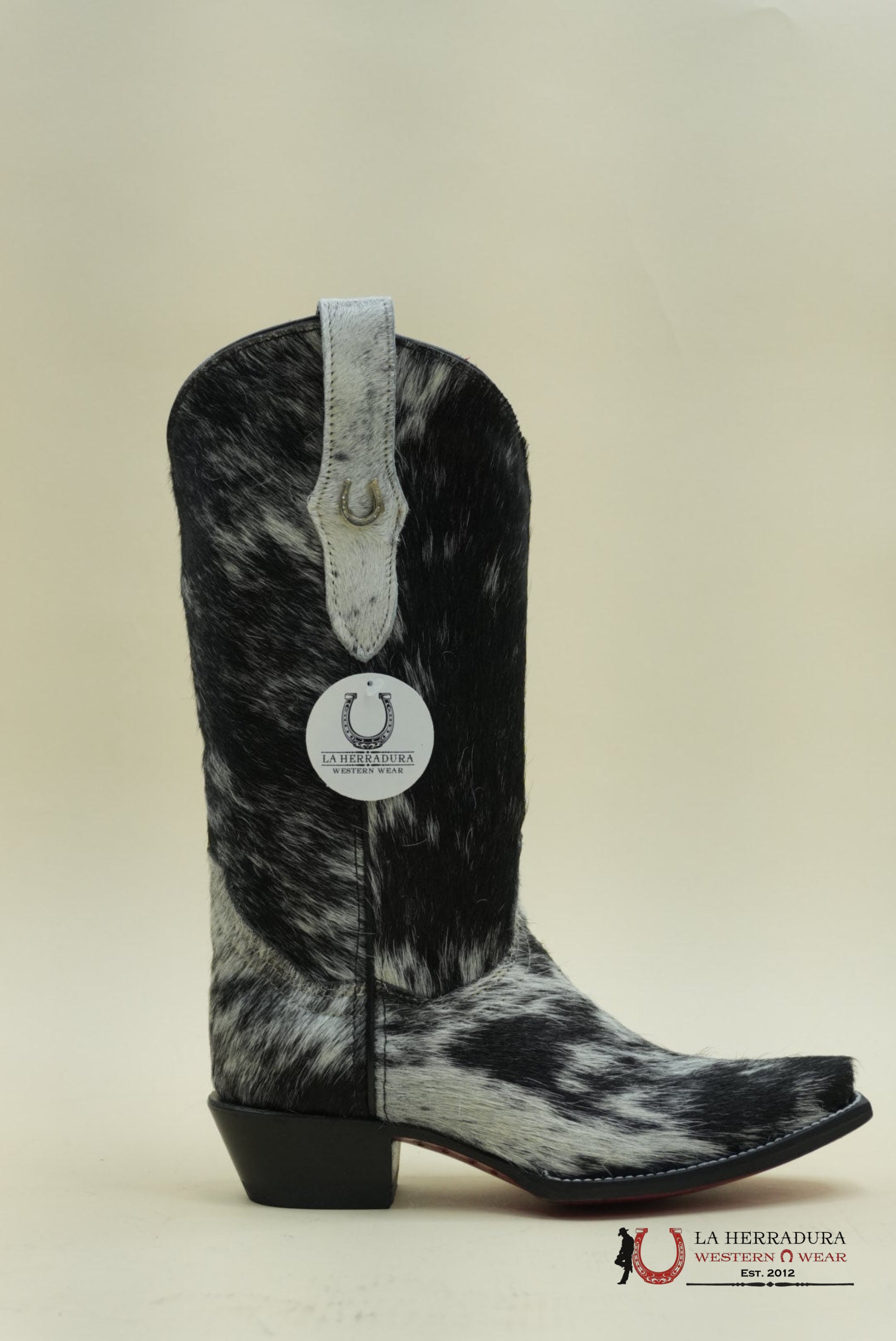 LA HERRADURA WOMEN PELO DE VACA BLANCO/NEGRO RED BOTTOM CHEROKEE NEGRO BOOT POINT TOE EVERY PAIR IS UNIQUE BOTAS MUJERES