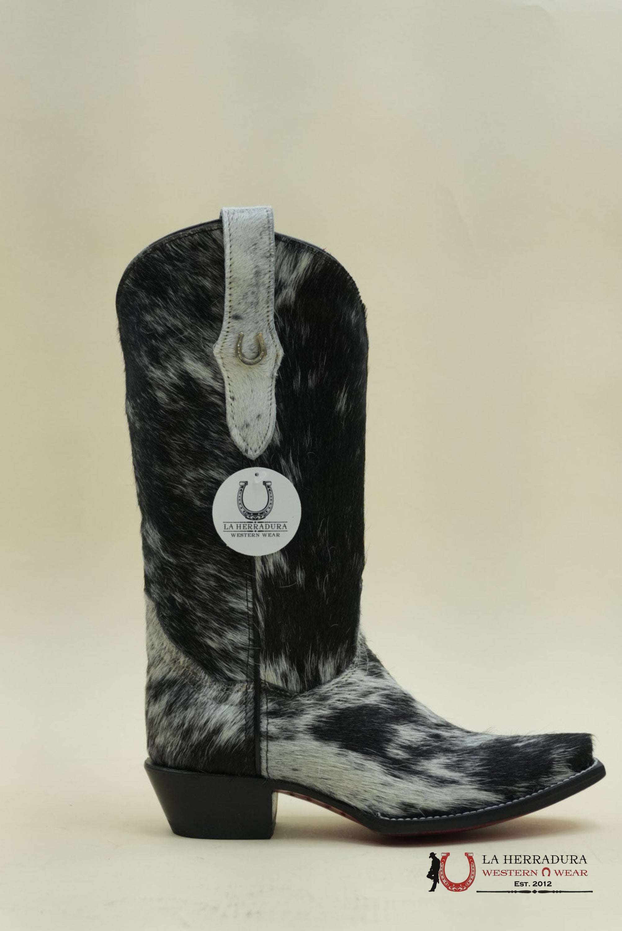LA HERRADURA WOMEN PELO DE VACA BLANCO/NEGRO RED BOTTOM CHEROKEE NEGRO BOOT POINT TOE EVERY PAIR IS UNIQUE BOTAS MUJERES