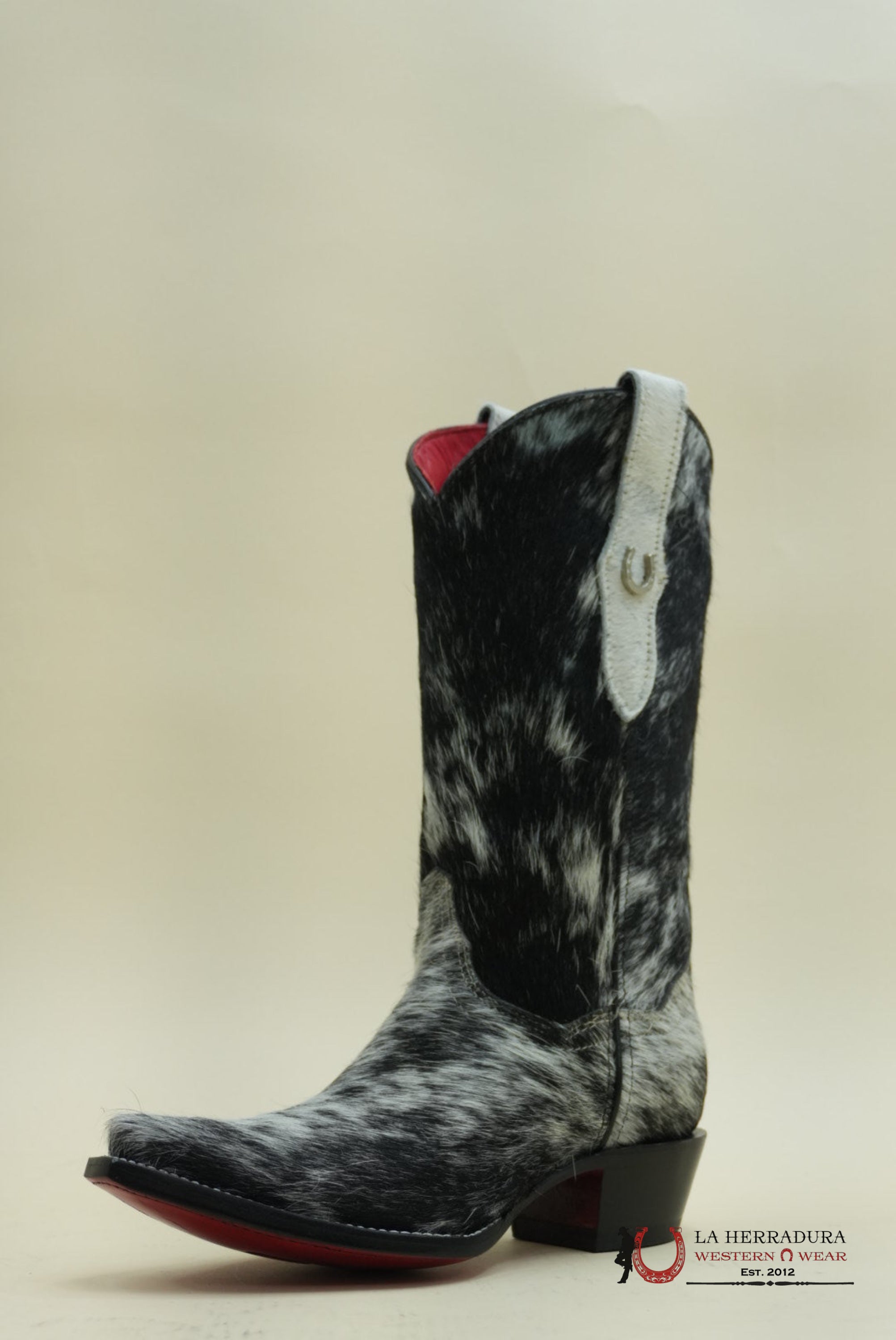 LA HERRADURA WOMEN PELO DE VACA BLANCO/NEGRO RED BOTTOM CHEROKEE NEGRO BOOT POINT TOE EVERY PAIR IS UNIQUE BOTAS MUJERES