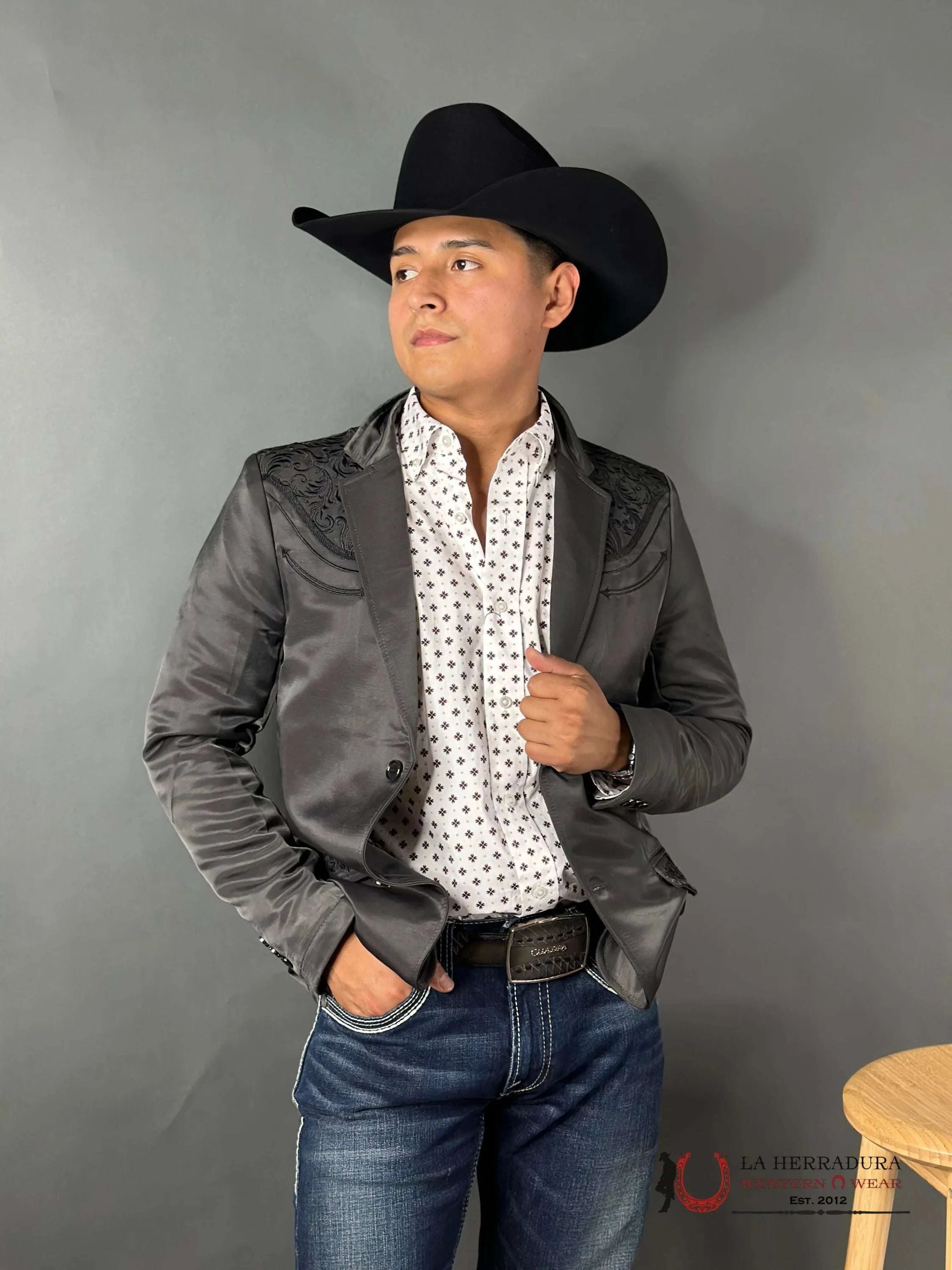 Lamasini Charcoal Embroidered Smooth Blazer Lam494-116 Ropa Hombres