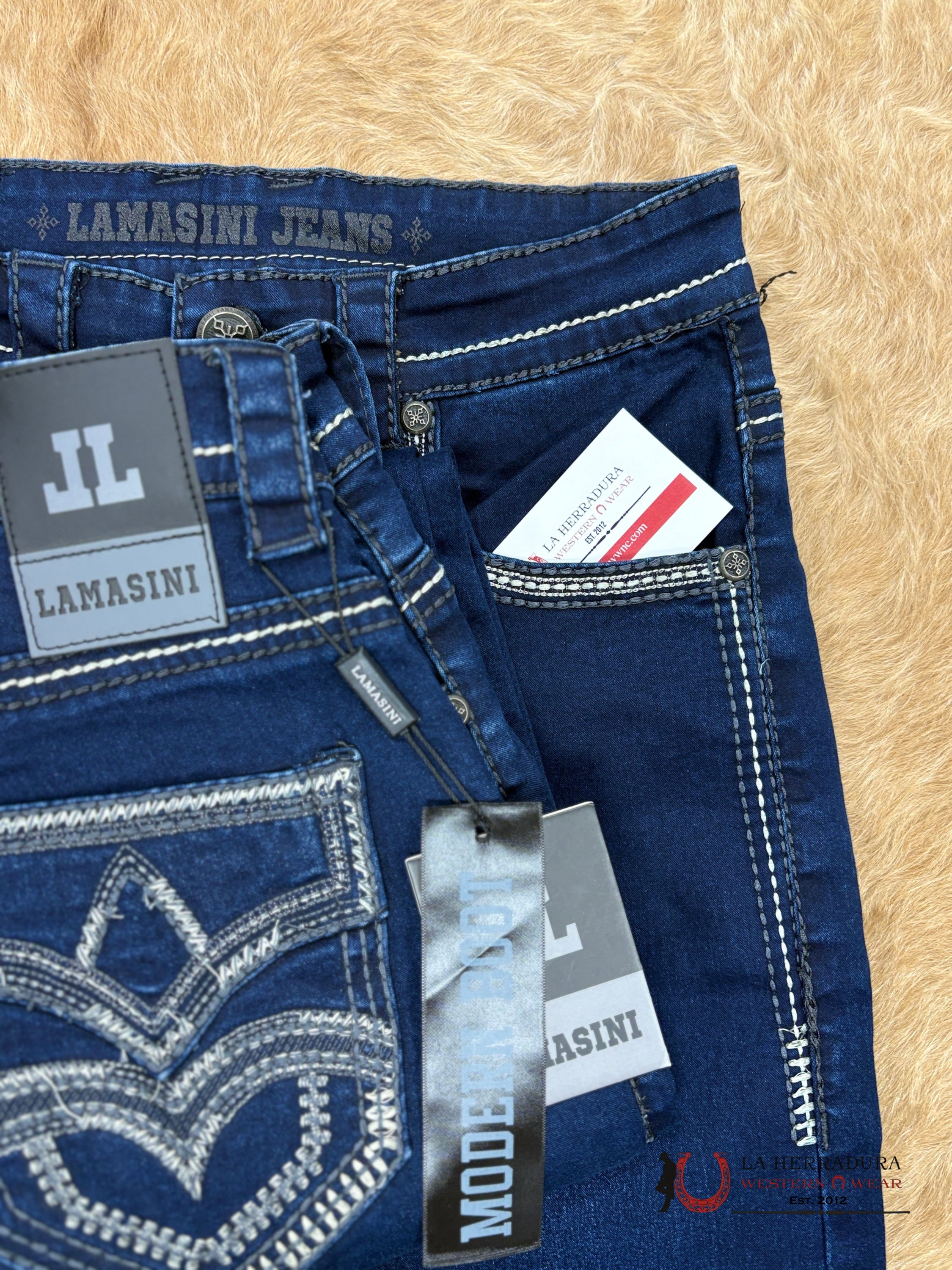 LAMASINI MENS MODERN BOOT CUT JEANS DK BLUE- LAM1867 ROPA HOMBRES