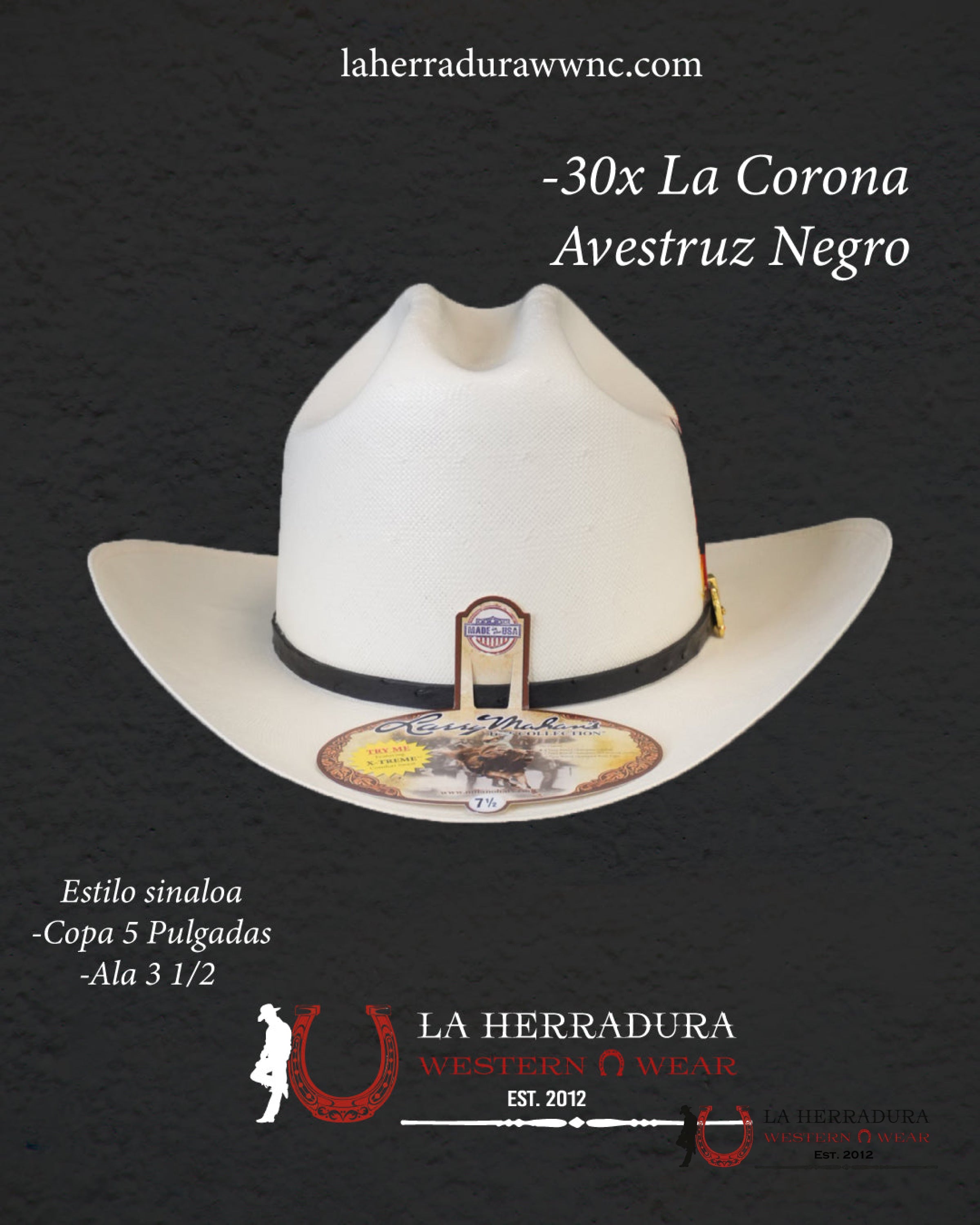 Larry Mahan’s Straw Hats Corona Black / Sinaloa Style 30X Copa alta TEJANA