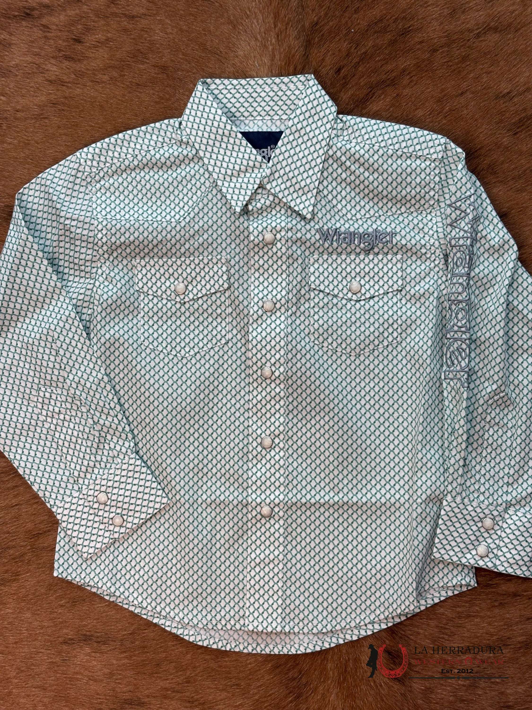 LITTLE BOY’S WRANGLER WHITE/GREEN LONG SLEEVE SHIRT- 112367718 NIÑOS