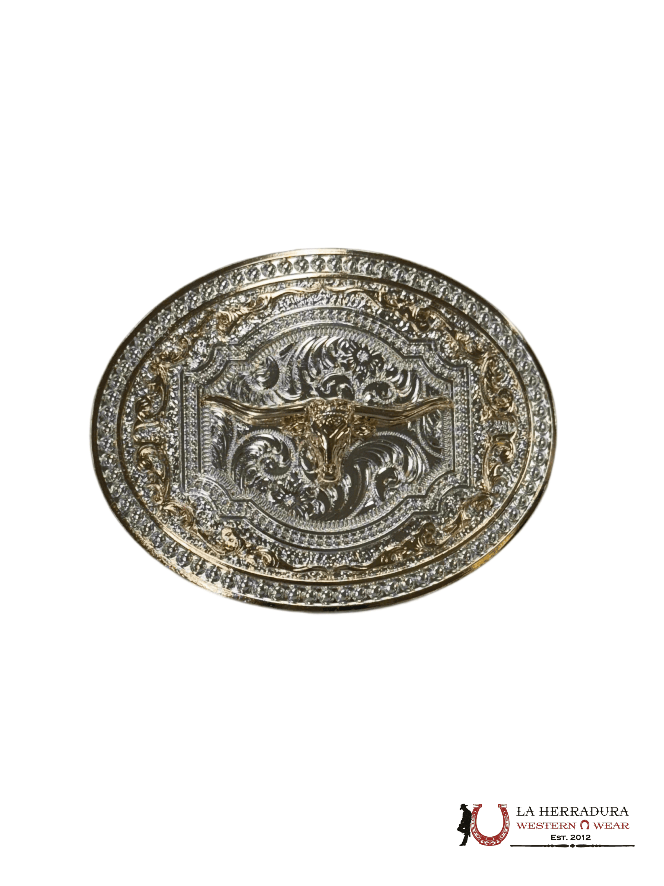 LONG HORN SILVER AND GOLD DETAILS ROUND BUCKLE ACCESORIOS
