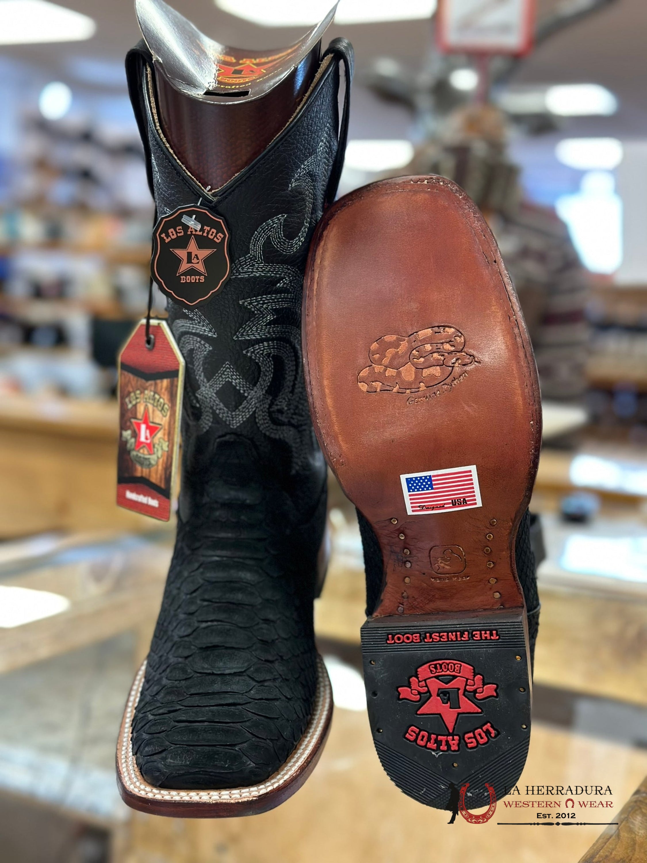 Los Altos Mens Boots Square Toe Python Black Botas Hombres