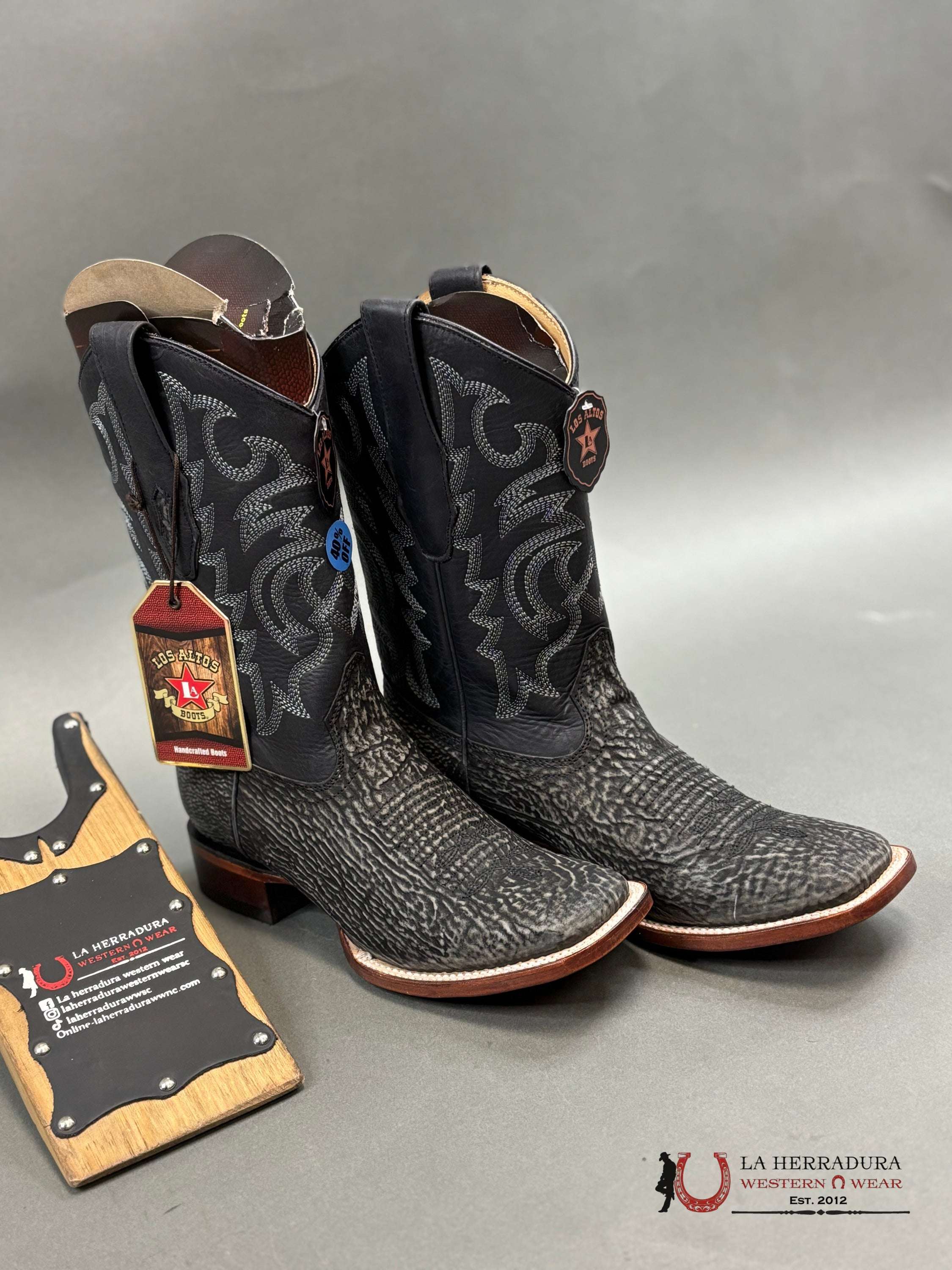 Los Altos Genuine Shark Skin Boots Black Botas Hombres