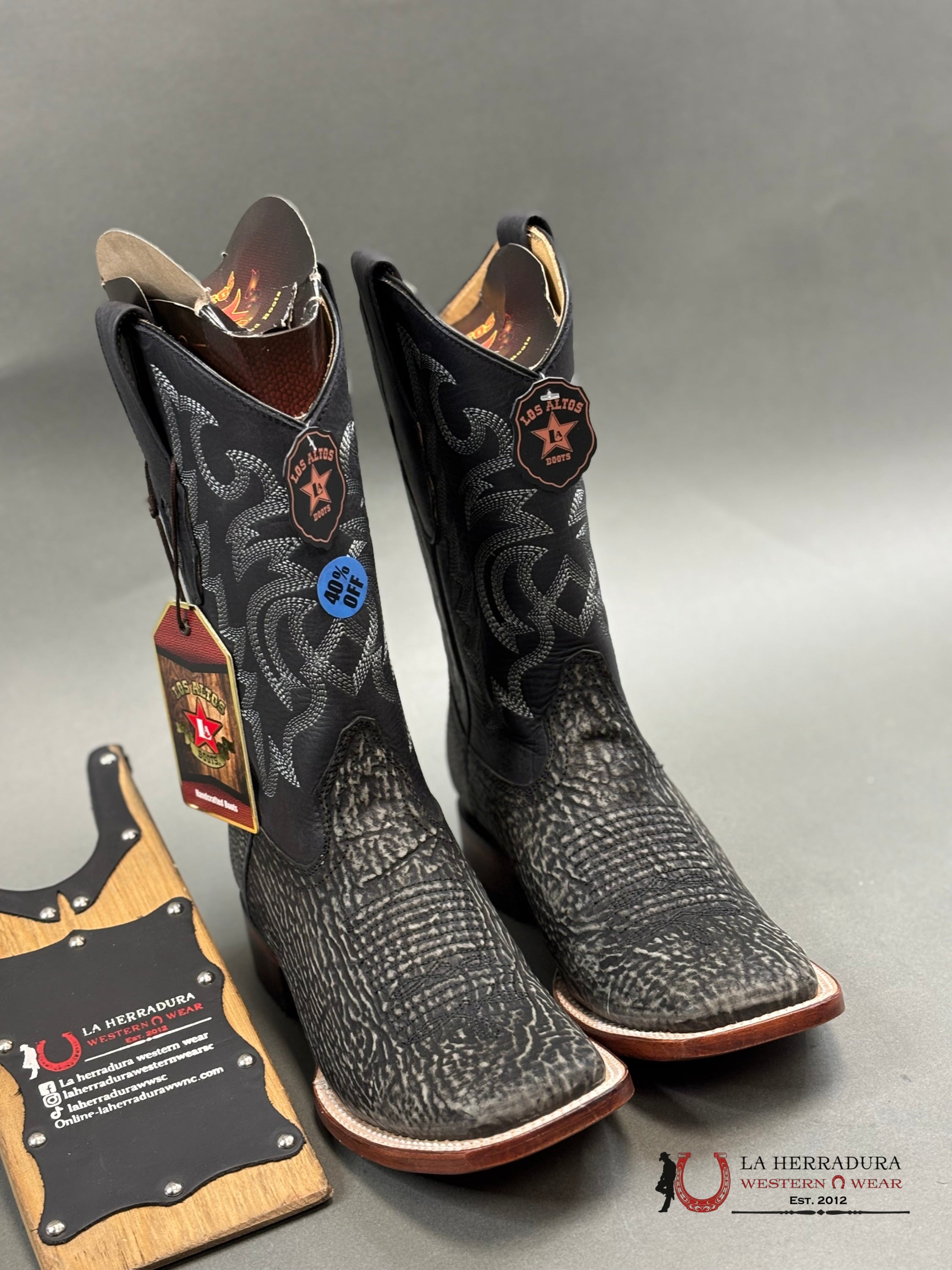 Los Altos Genuine Shark Skin Boots Black Botas Hombres