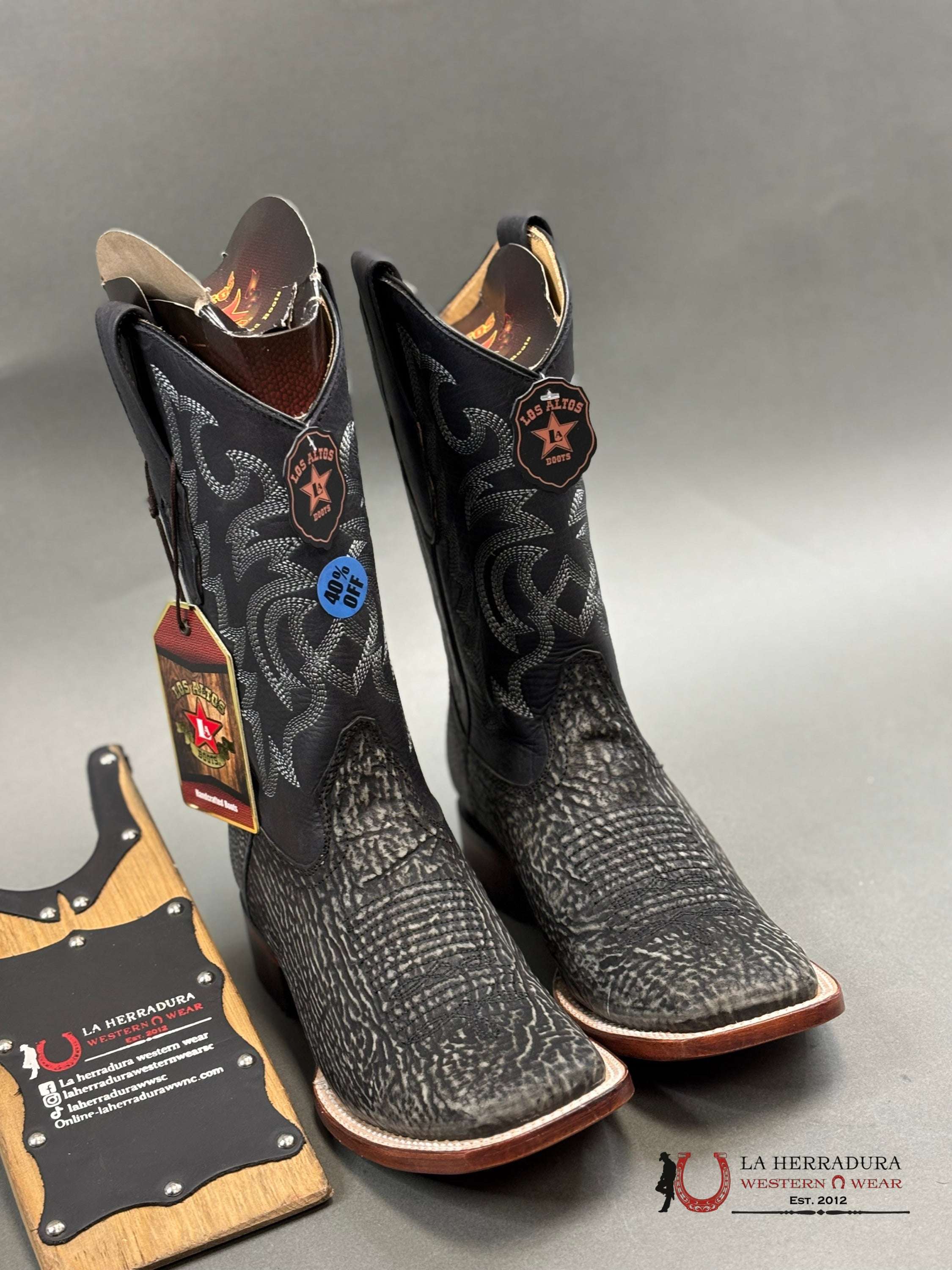 Los Altos Genuine Shark Skin Boots Black Botas Hombres
