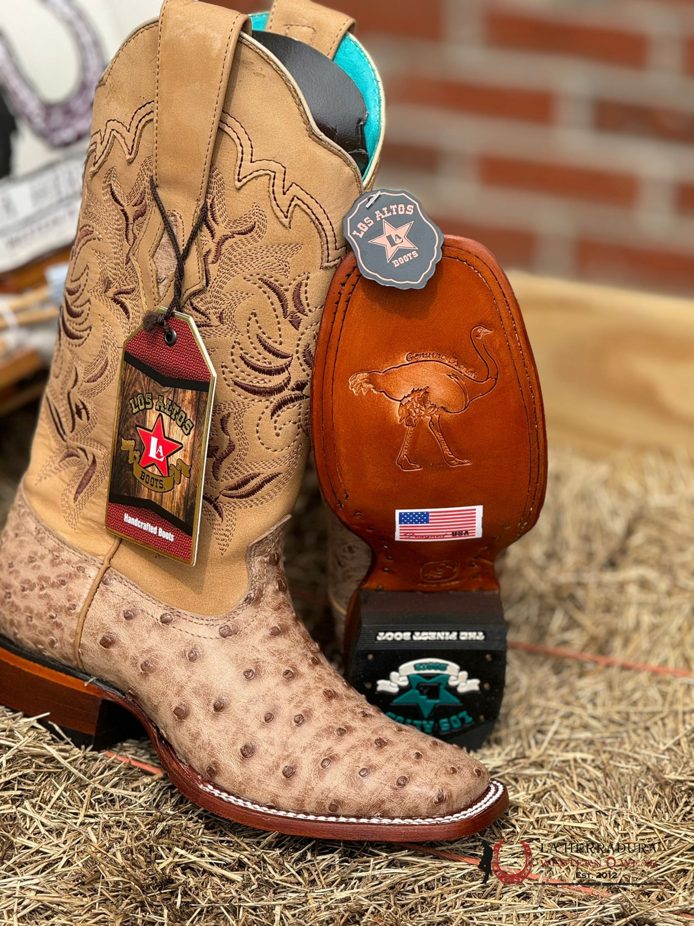 Los Altos Women’s Ostrich Mocha Wide Square Toe Botas Mujeres