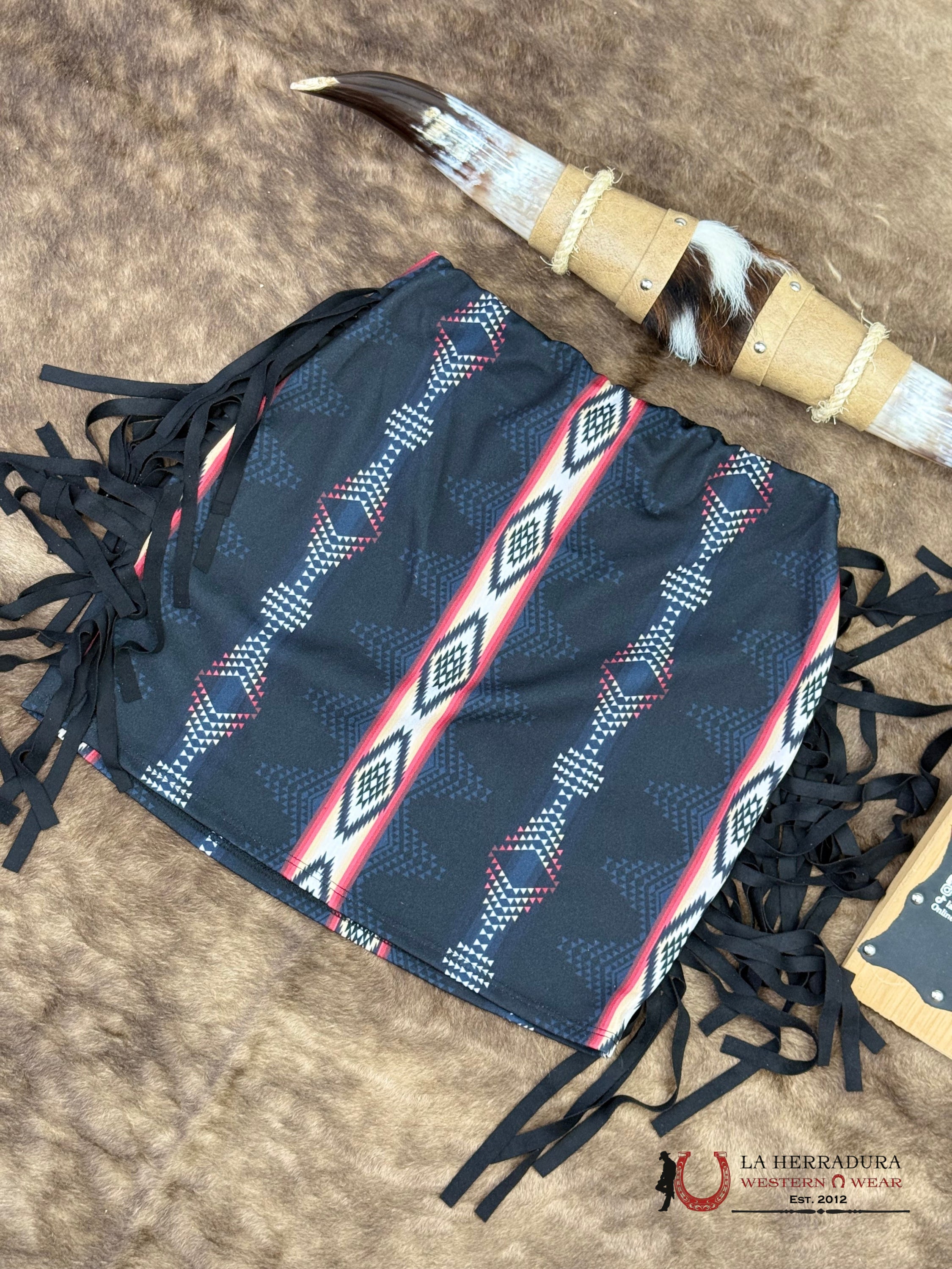 Lucky And Bleesed Black With Multi Color Aztec Print With Fringe Sk ROPA MUJERES