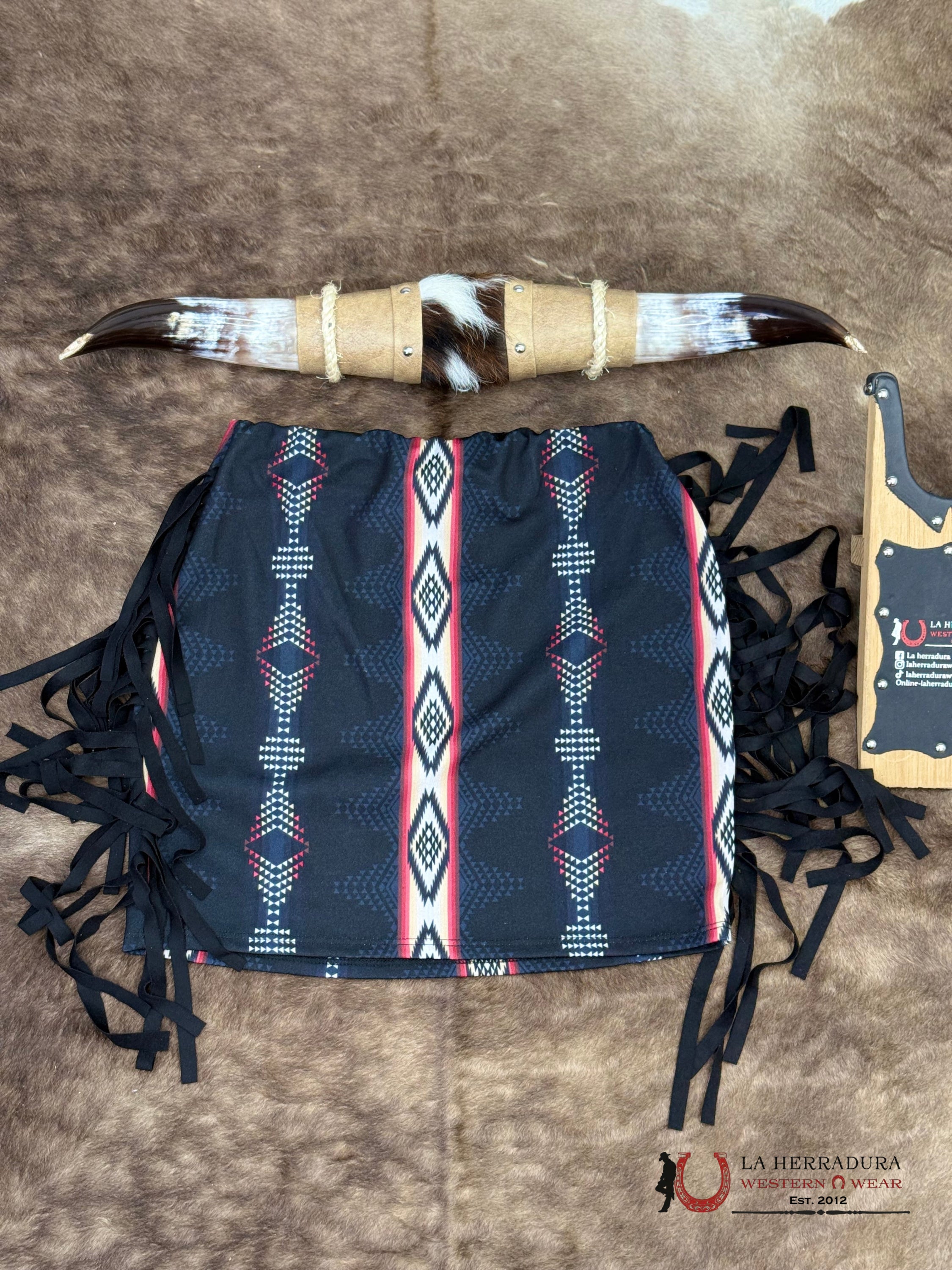 Lucky And Bleesed Black With Multi Color Aztec Print With Fringe Sk ROPA MUJERES