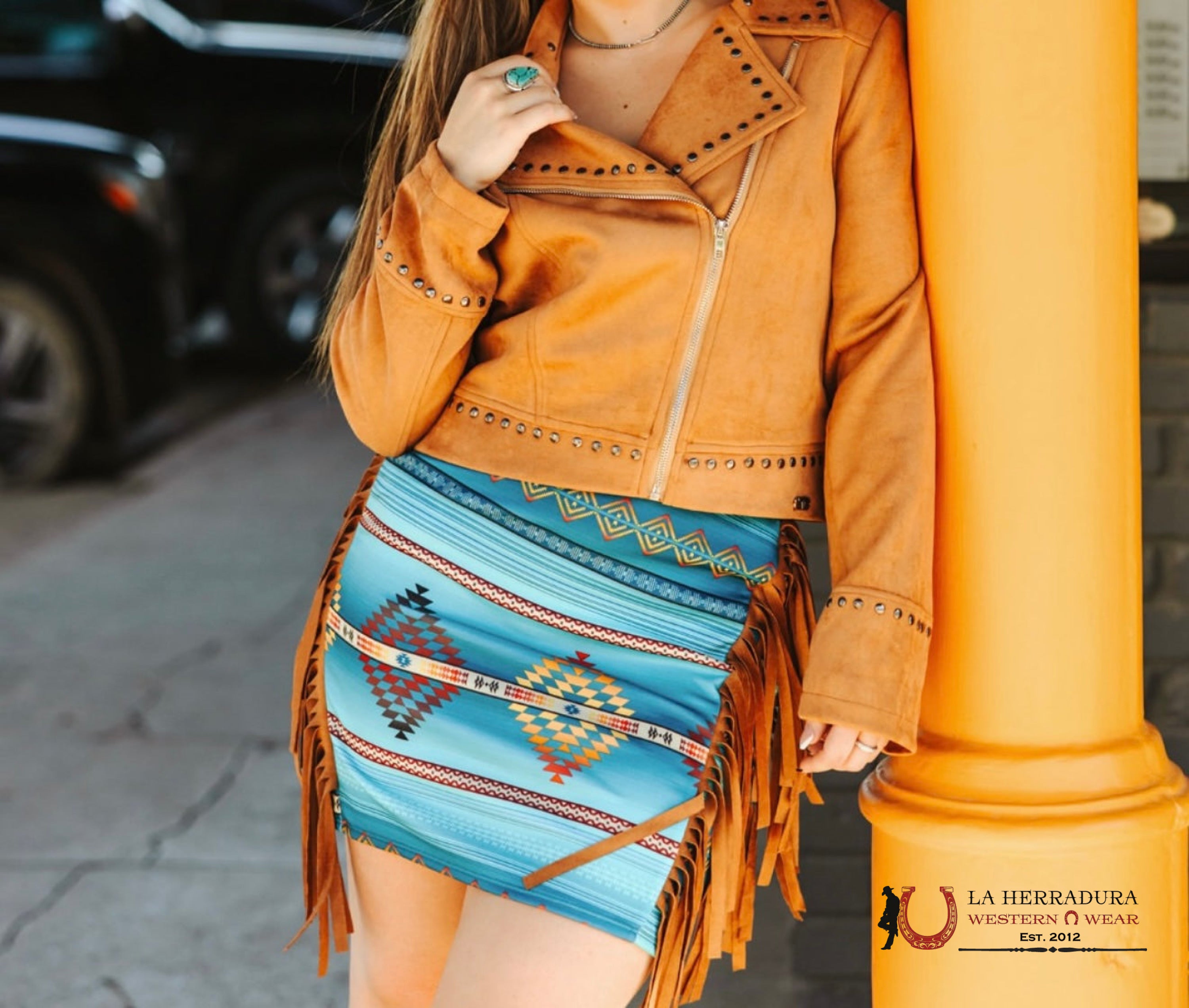 Lucky And Bleesed Blue With Multi Color Aztec Print With Fringe Sk ROPA MUJERES