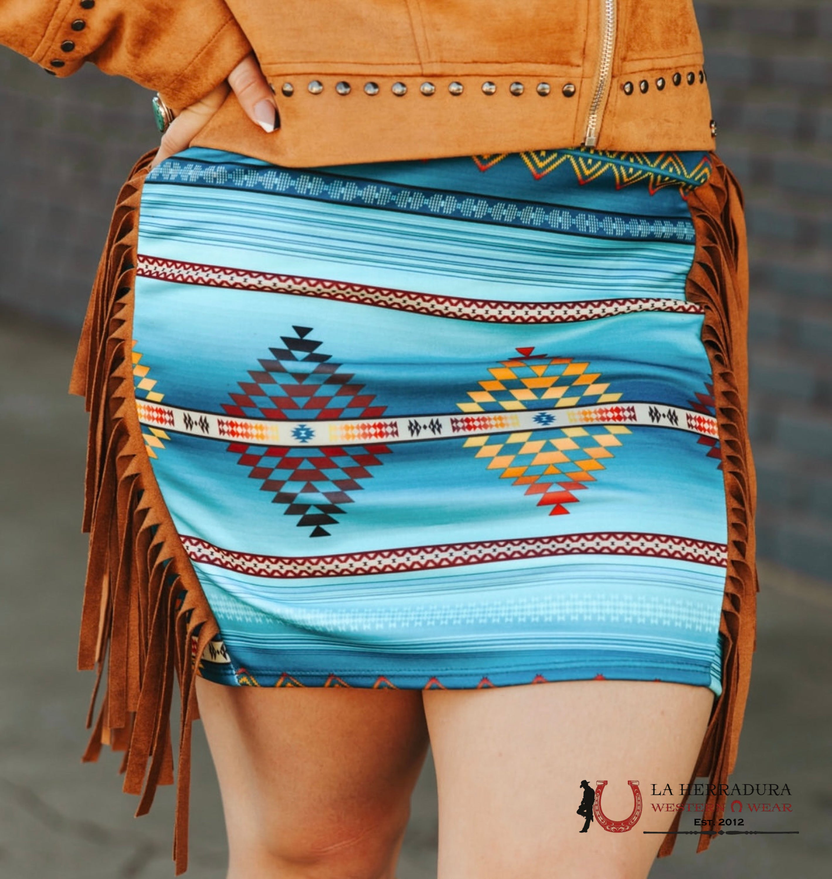 Lucky And Bleesed Blue With Multi Color Aztec Print With Fringe Sk ROPA MUJERES