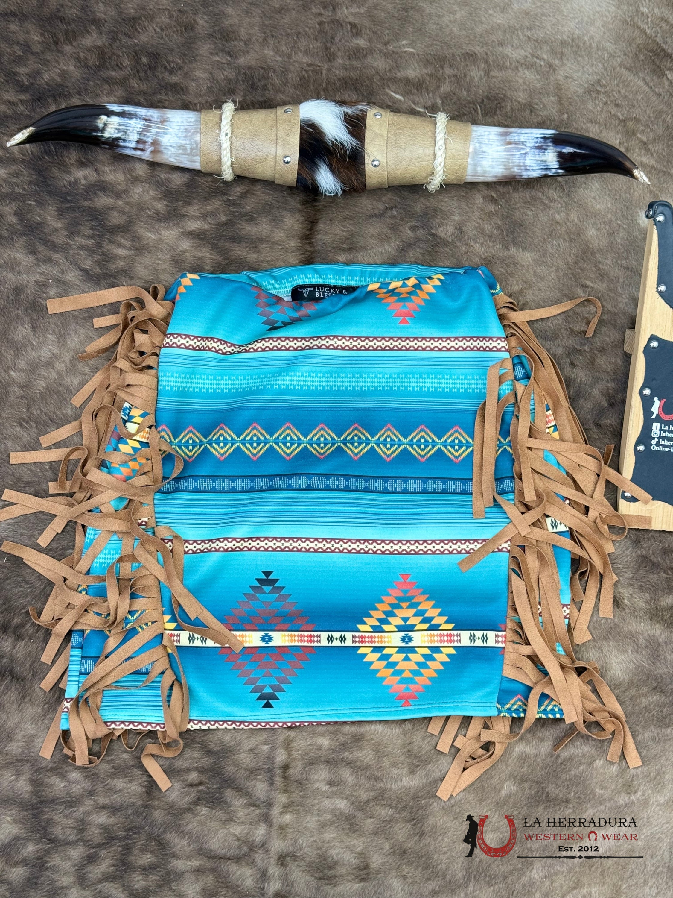 Lucky And Bleesed Blue With Multi Color Aztec Print With Fringe Sk ROPA MUJERES