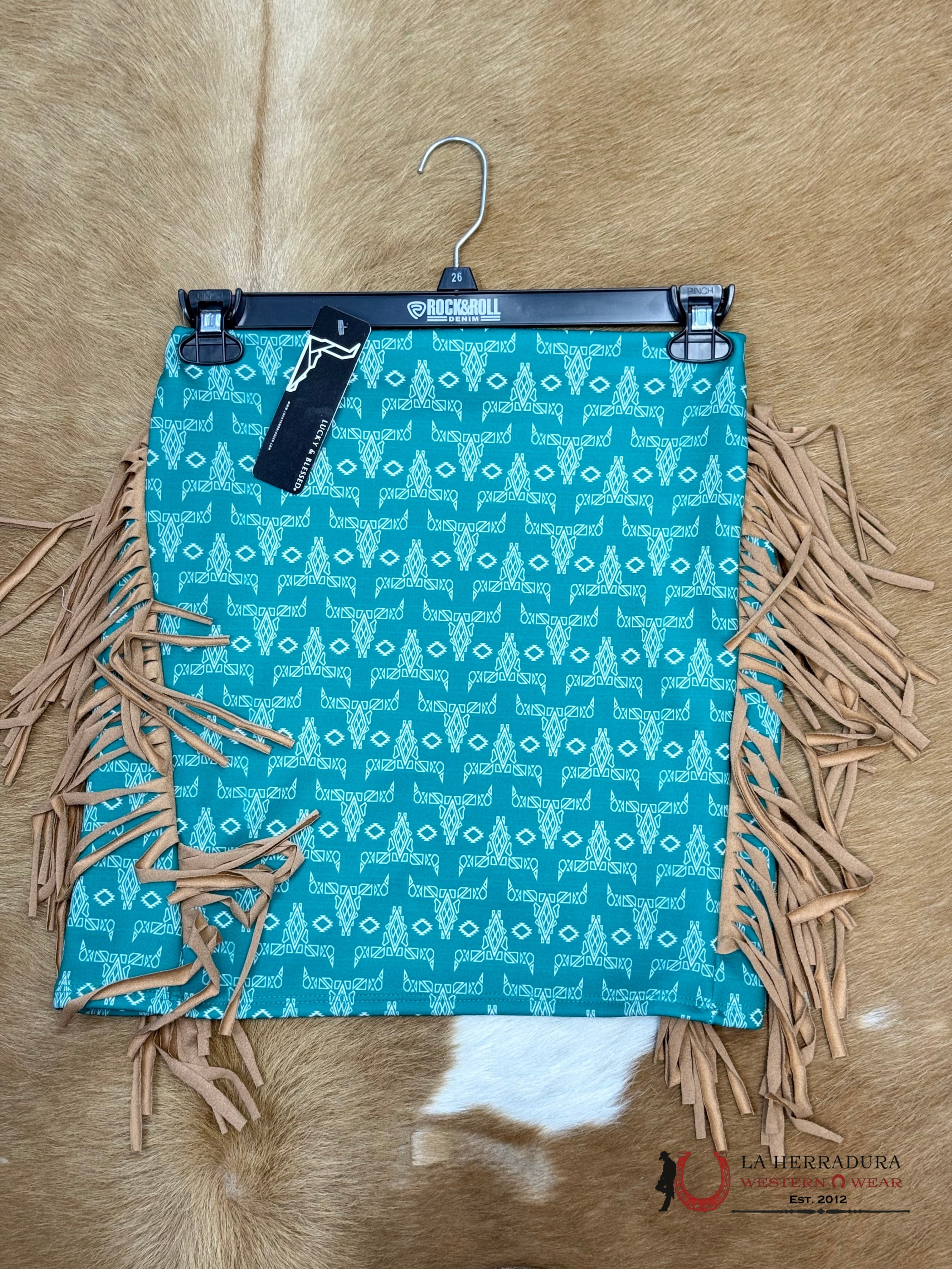 Lucky And Bleesed Green With Multi Color Aztec Print With Fringe Sk ROPA MUJERES