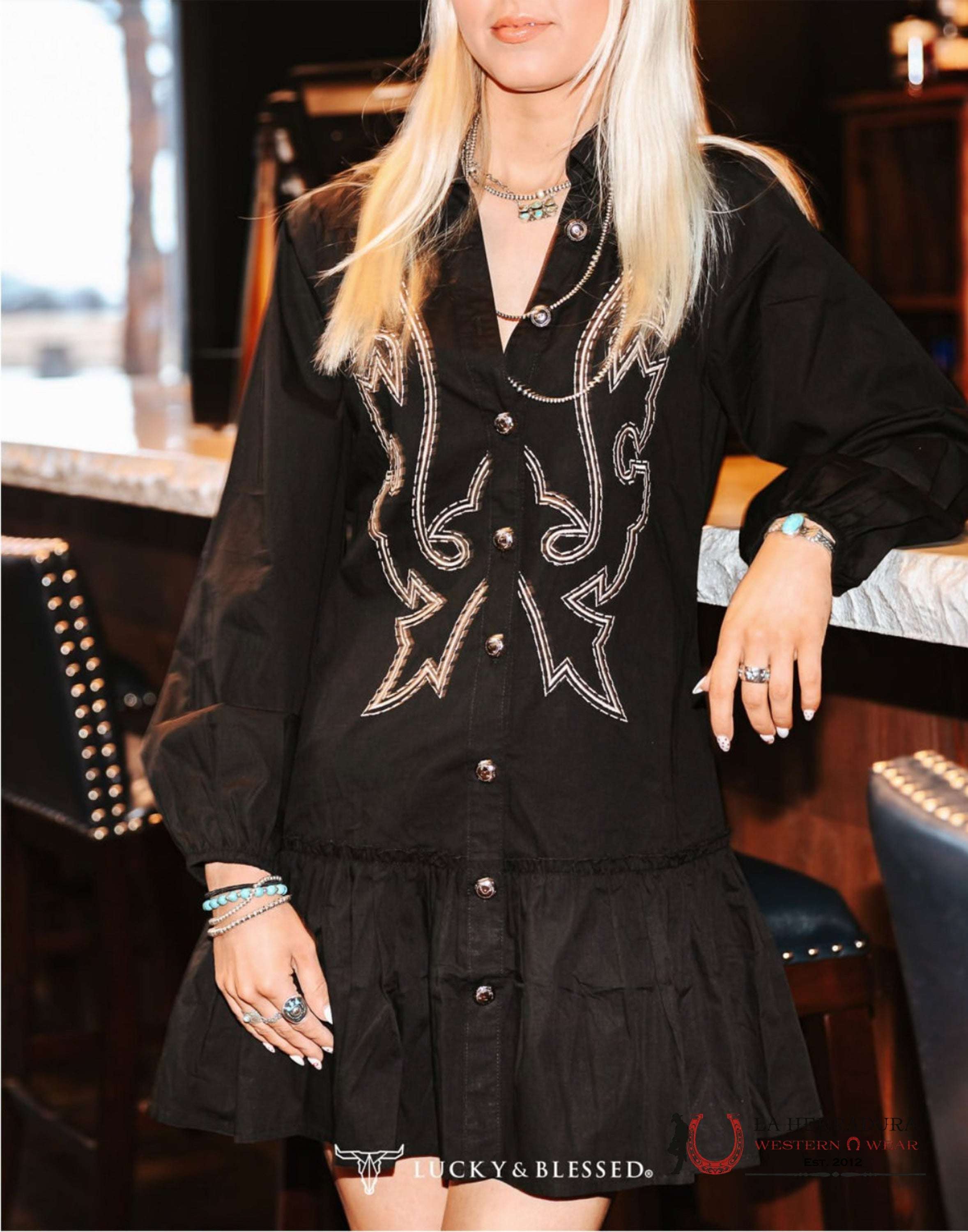 Lucky And Blessed Black Long Sleeve With Cowboy Print Dress ROPA MUJERES