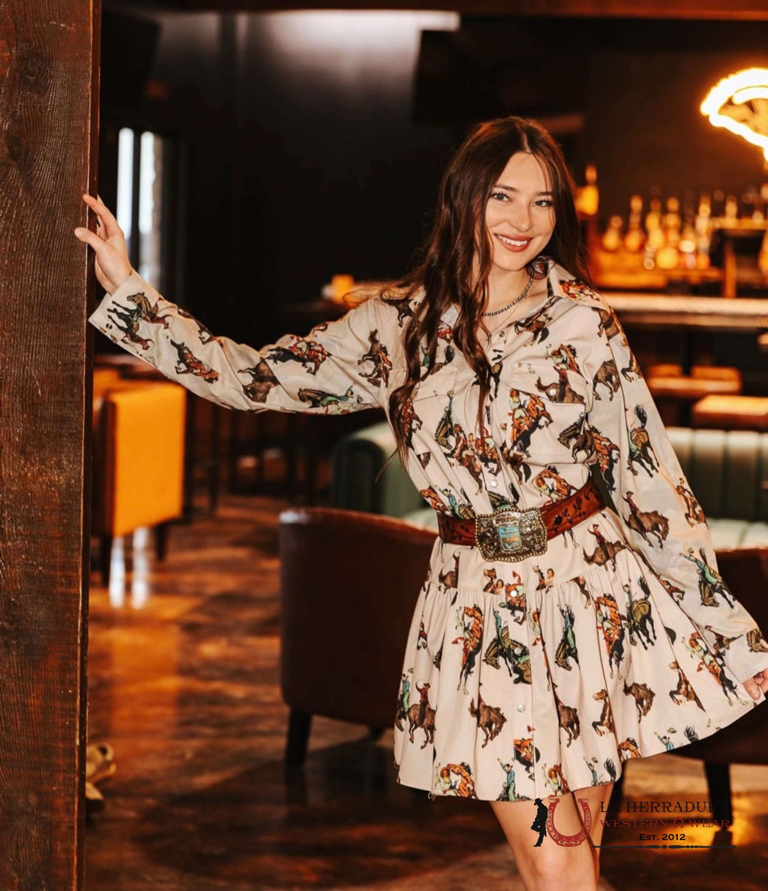 Lucky And Blessed Brown Long Sleeve With Cowboy Print Dress ROPA MUJERES