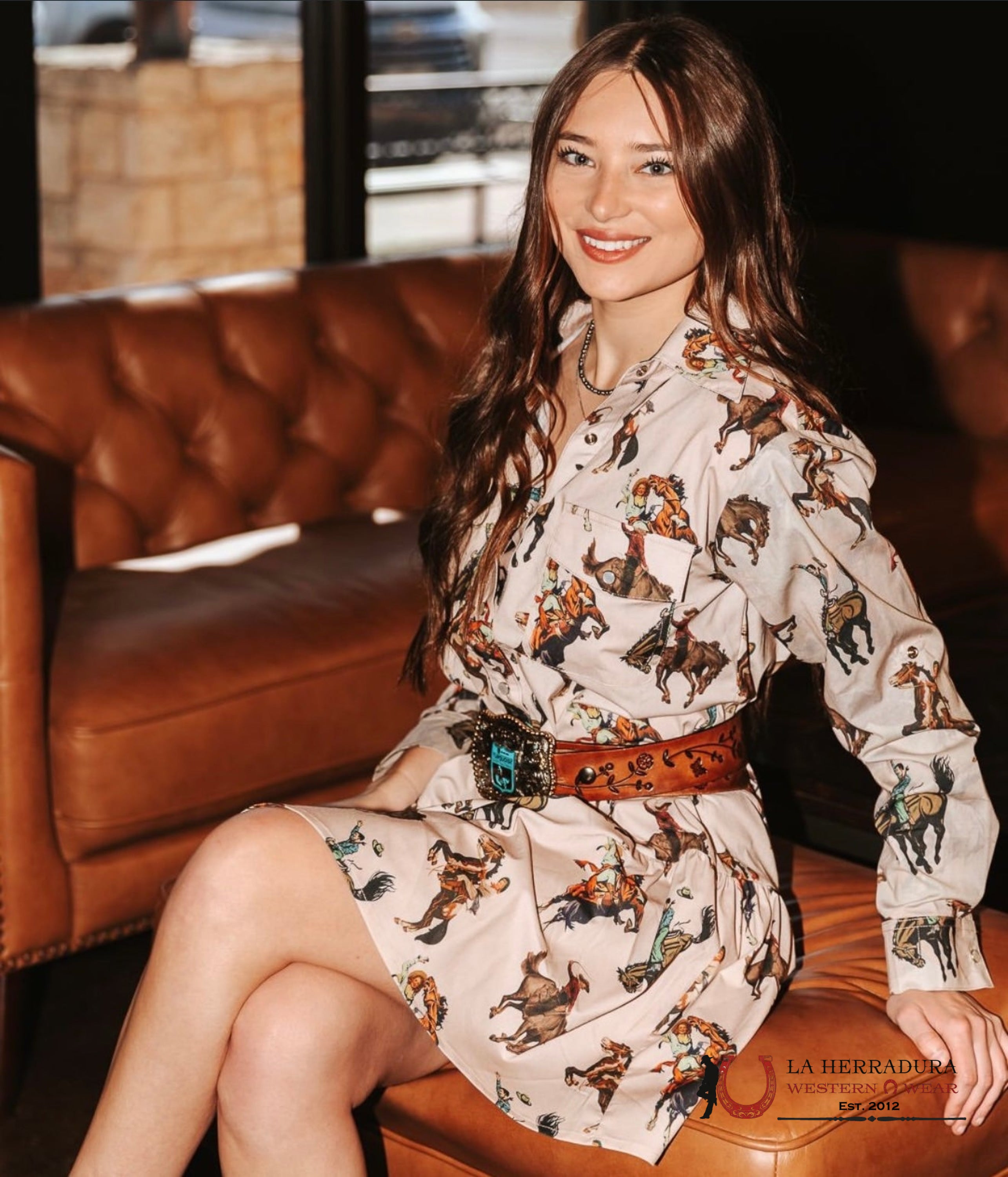 Lucky And Blessed Brown Long Sleeve With Cowboy Print Dress ROPA MUJERES
