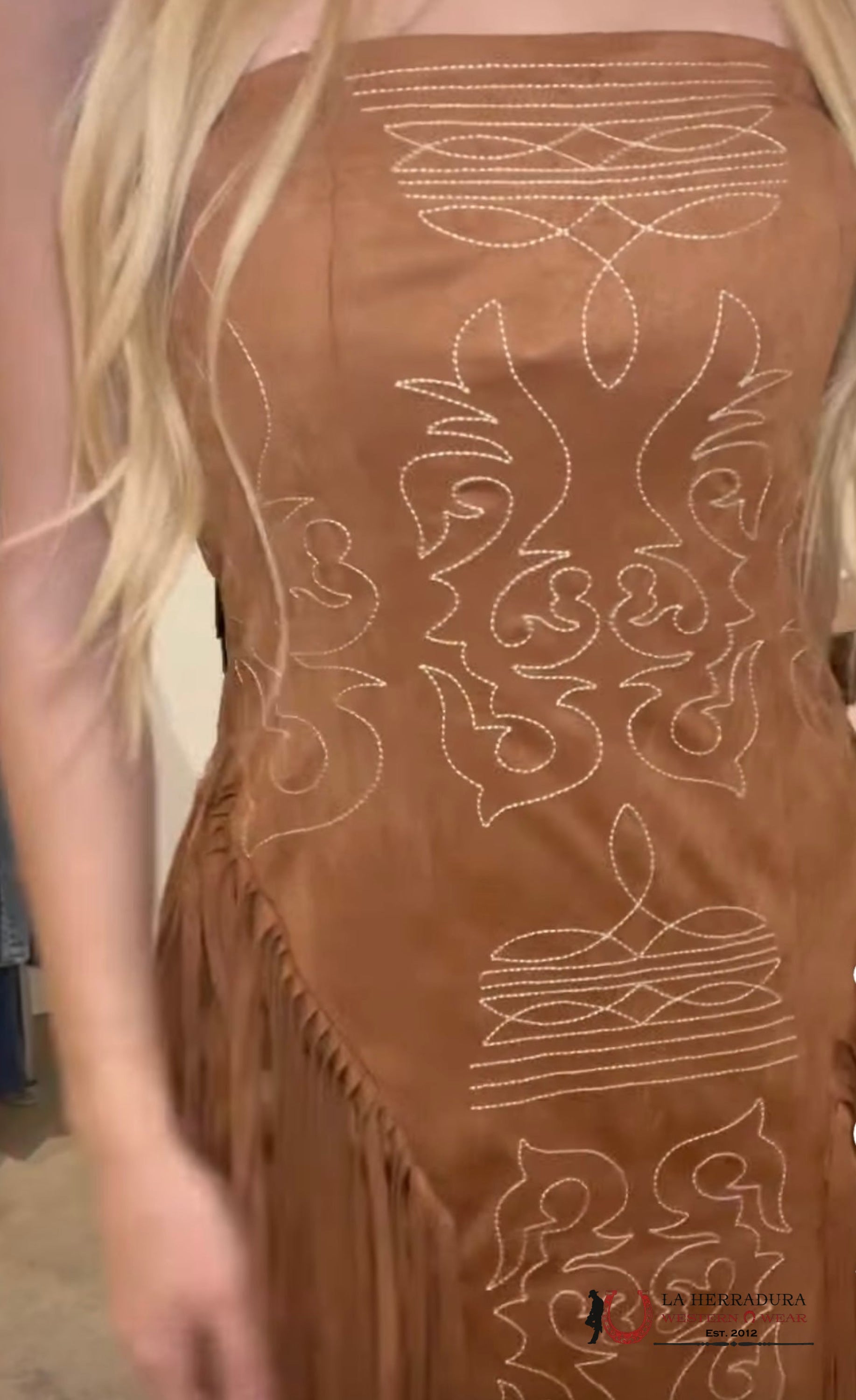 Lucky And Blessed Brown Strapless Dress With Fringe And White Stiching ROPA MUJERES