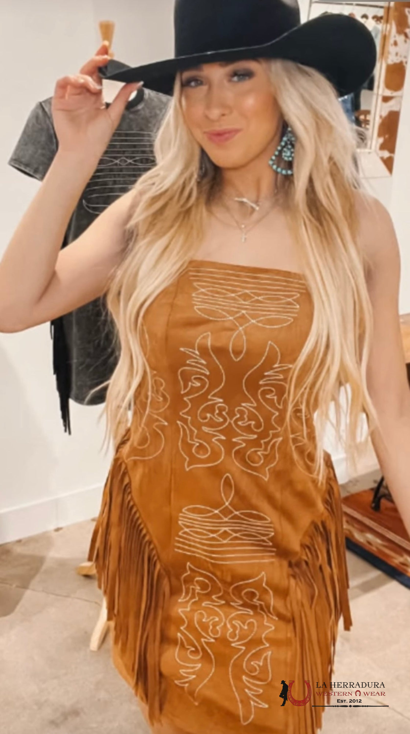 Lucky And Blessed Brown Strapless Dress With Fringe And White Stiching ROPA MUJERES