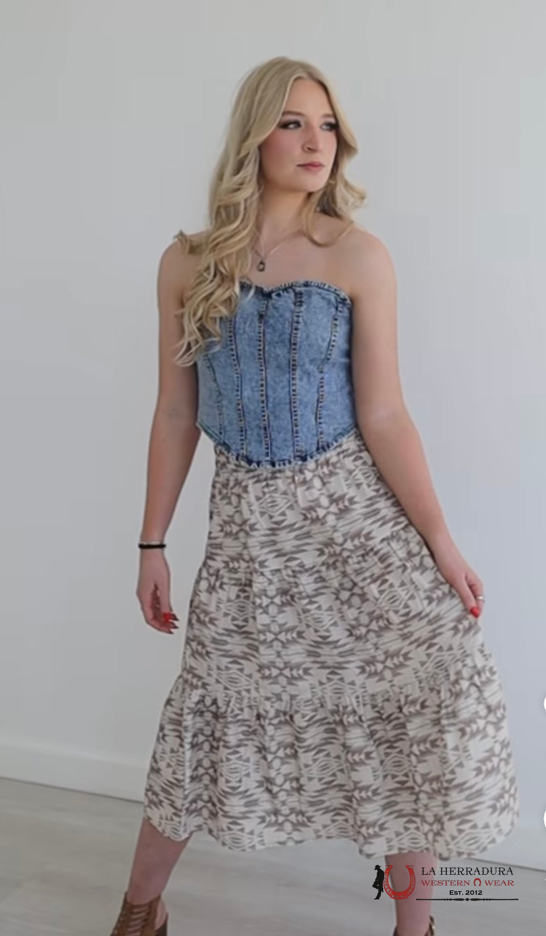 Lucky And Blessed Long Light Brown Skirt With Aztec Print ROPA MUJERES