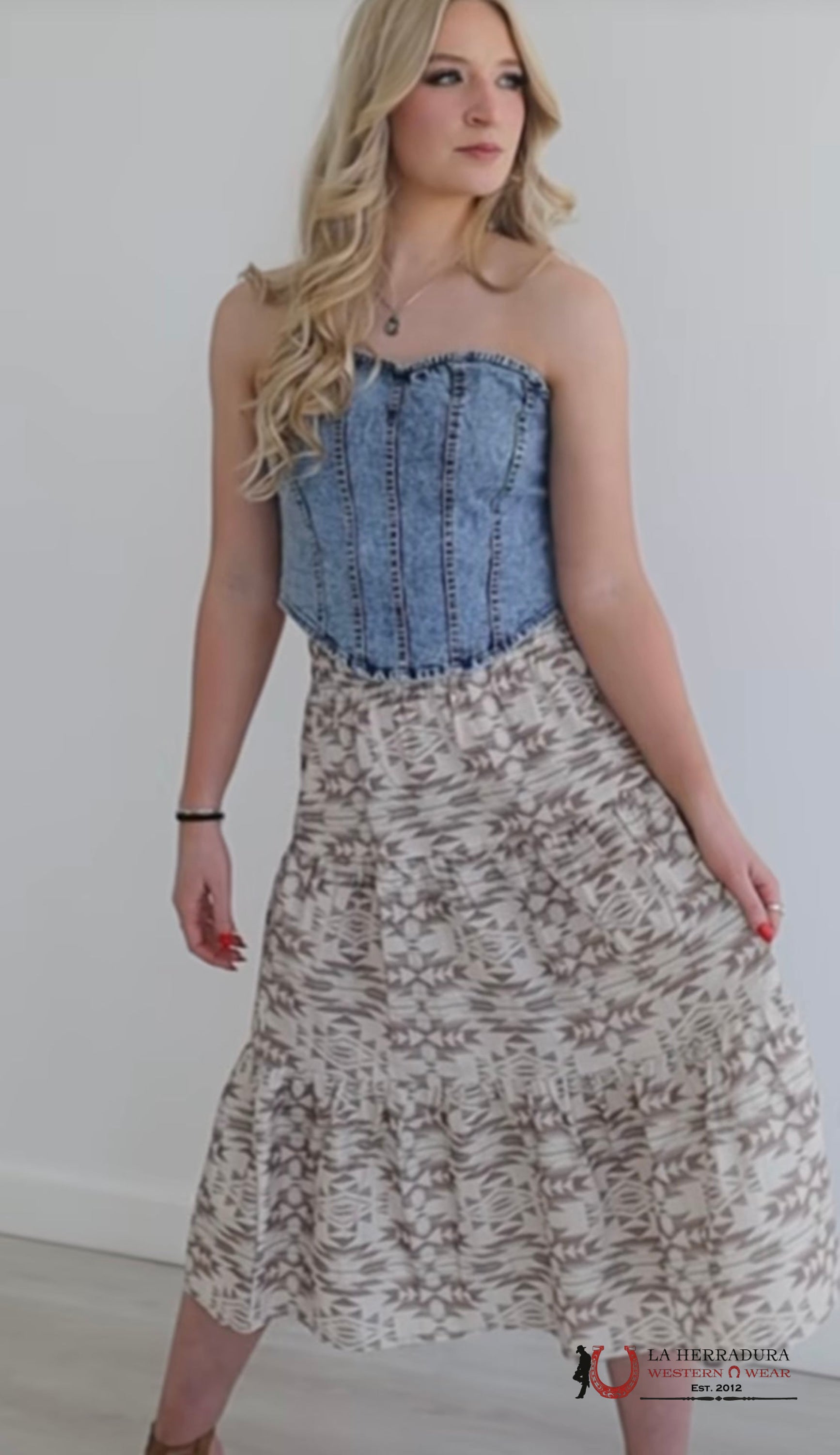 Lucky And Blessed Long Light Brown Skirt With Aztec Print ROPA MUJERES