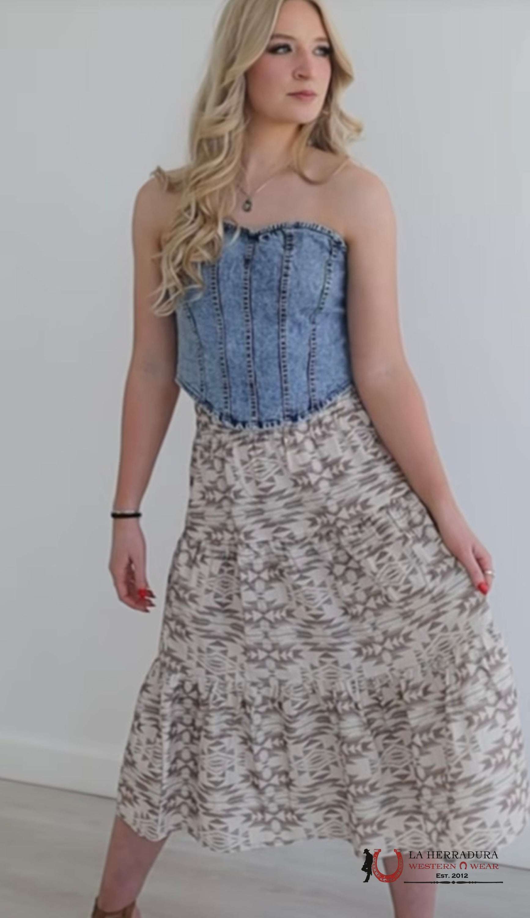 Lucky And Blessed Long Light Brown Skirt With Aztec Print ROPA MUJERES