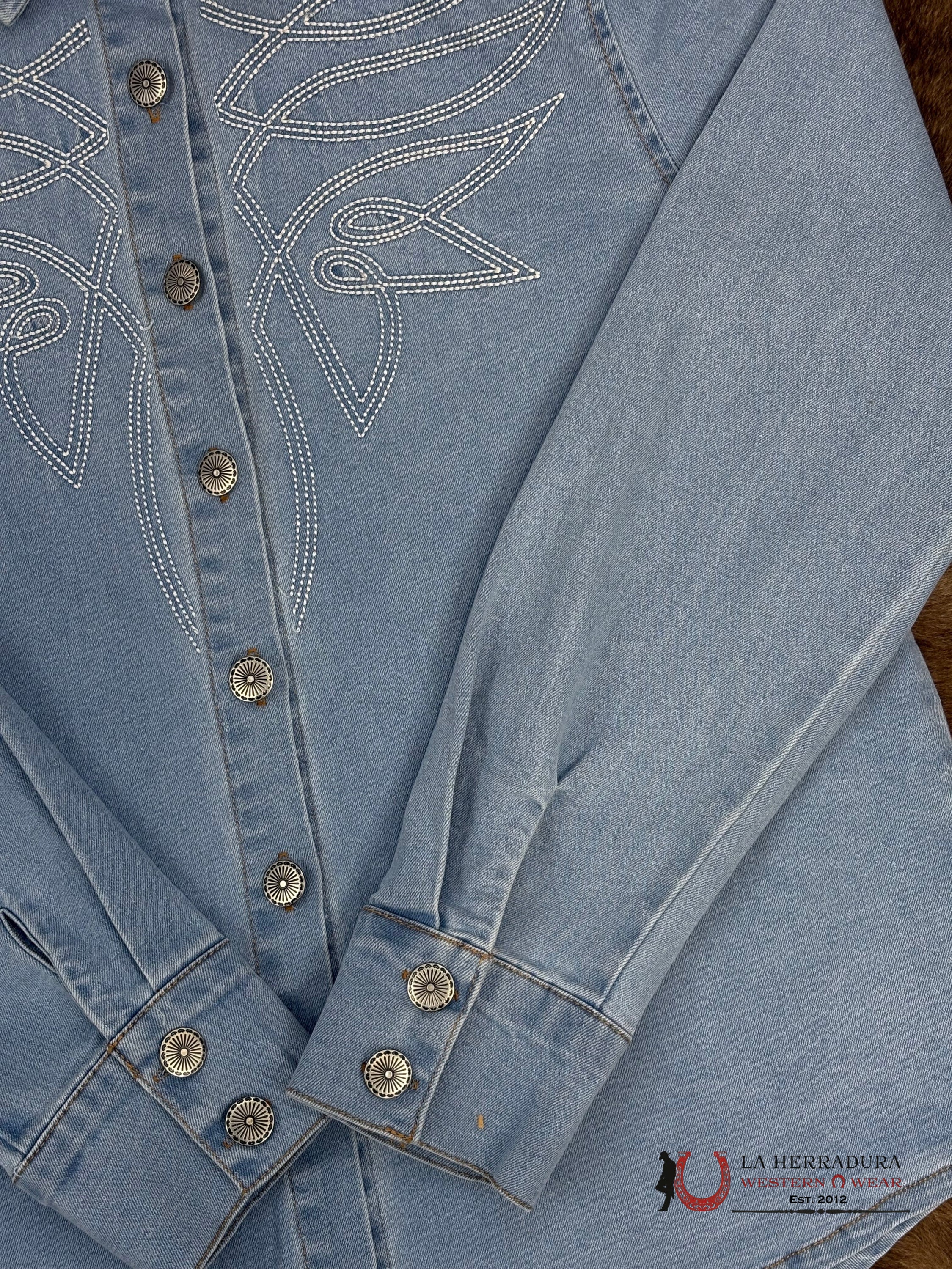 Lucky and Blessed Long Sleeve Jean Shirt With White Stiching ROPA MUJERES