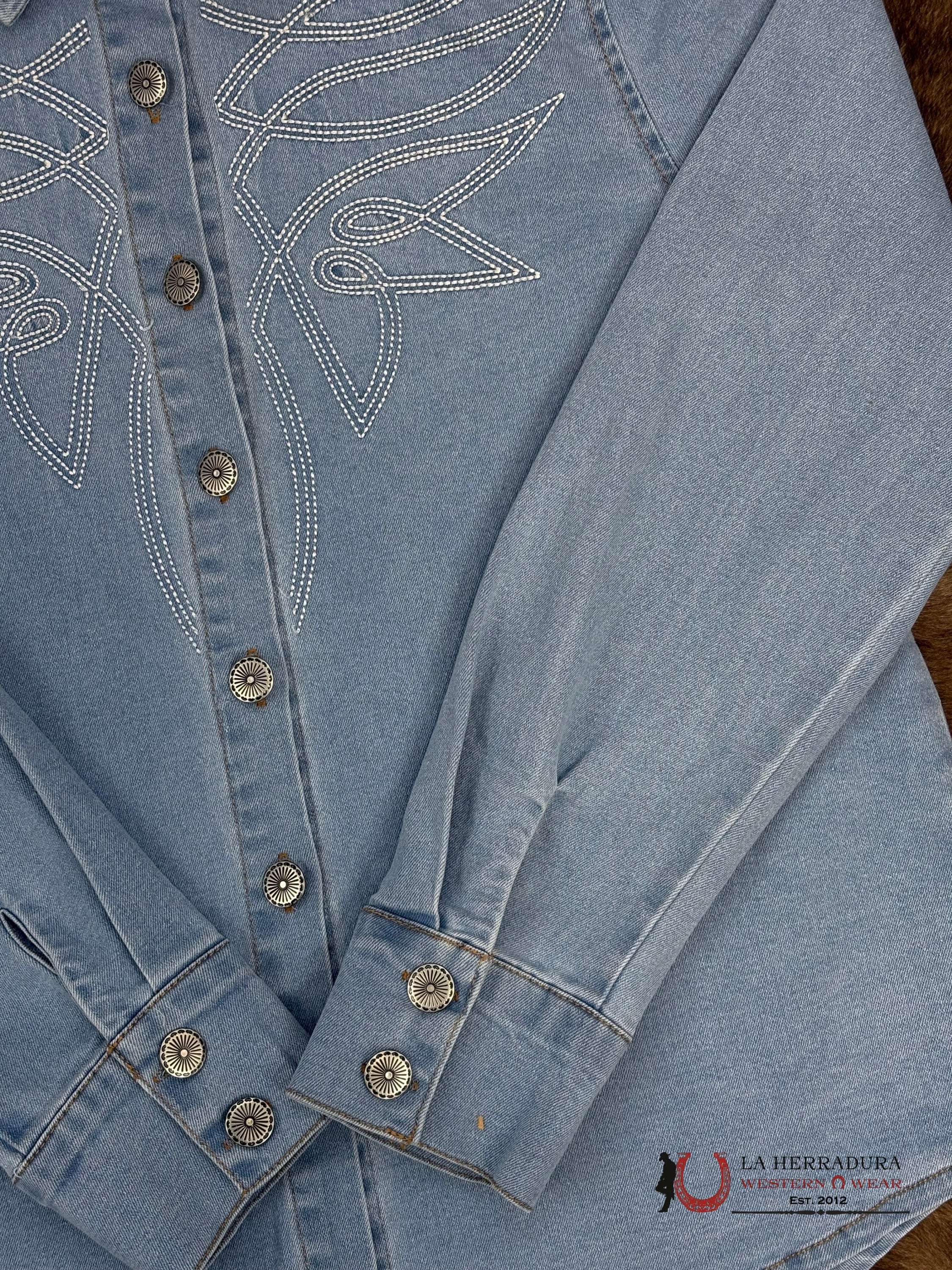 Lucky and Blessed Long Sleeve Jean Shirt With White Stiching ROPA MUJERES