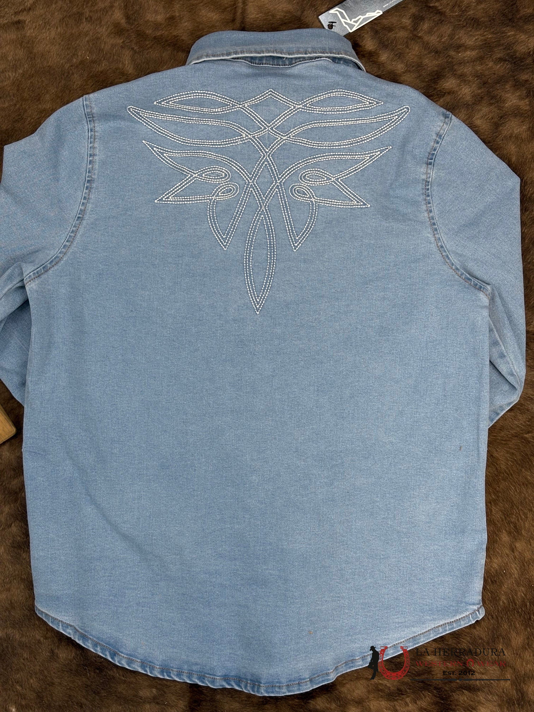 Lucky and Blessed Long Sleeve Jean Shirt With White Stiching ROPA MUJERES