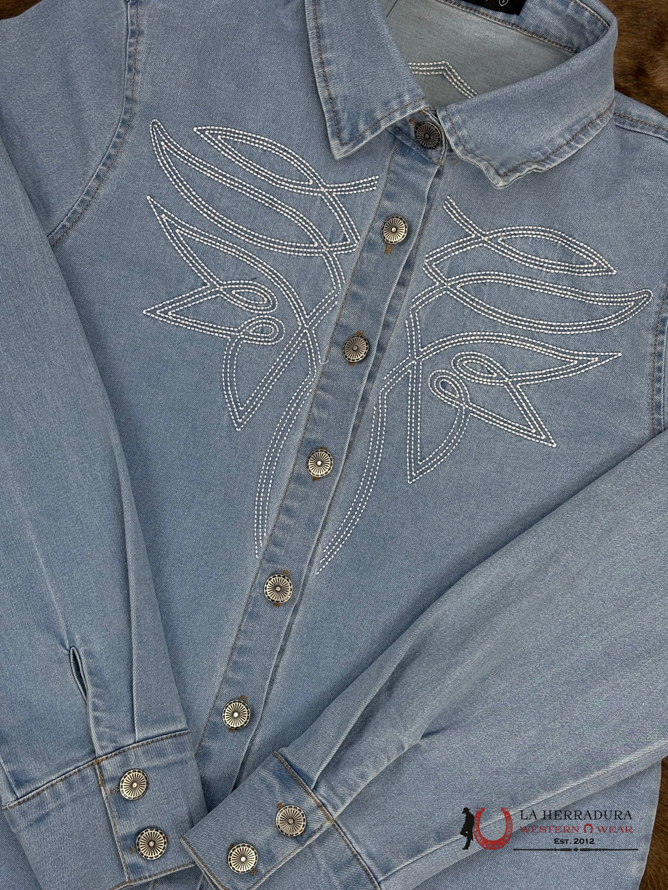 Lucky and Blessed Long Sleeve Jean Shirt With White Stiching ROPA MUJERES