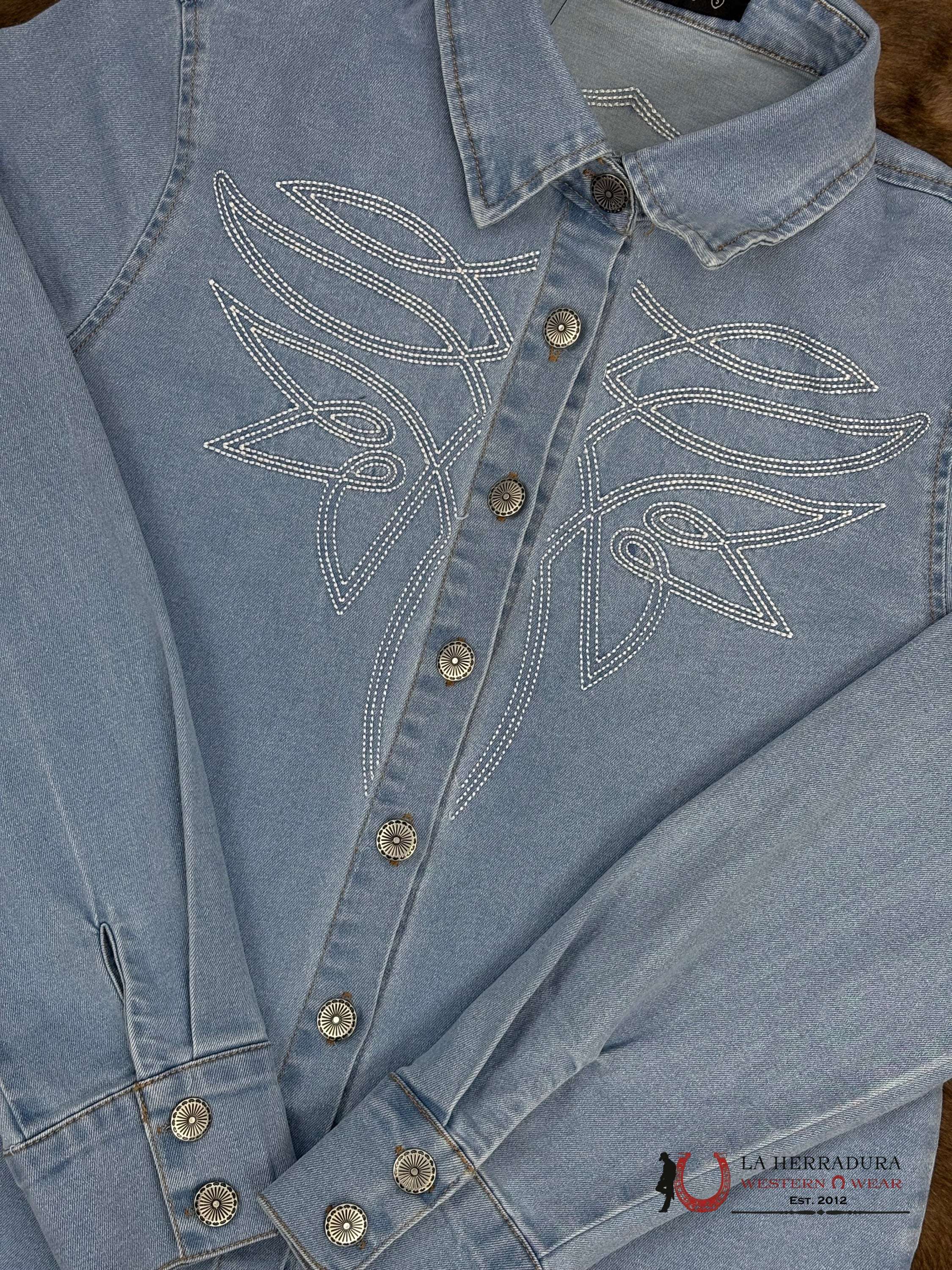 Lucky and Blessed Long Sleeve Jean Shirt With White Stiching ROPA MUJERES